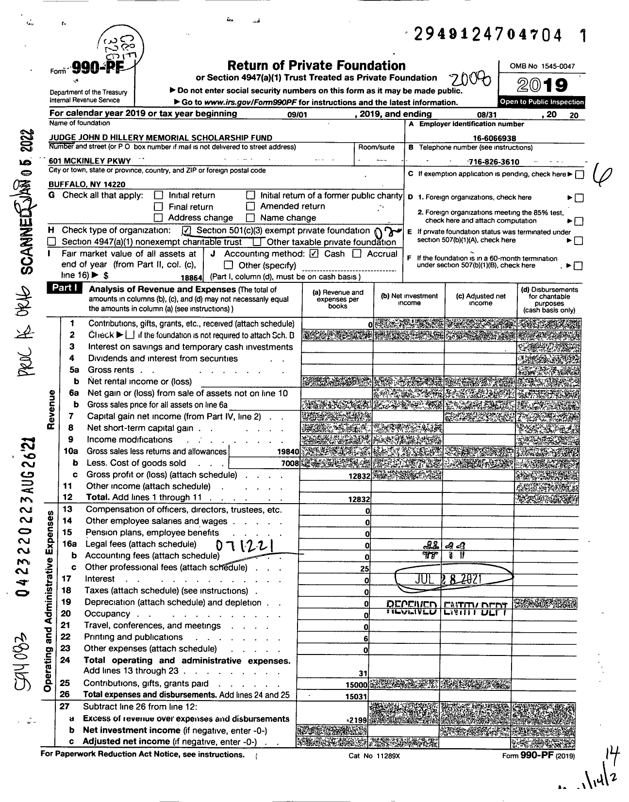 Image of first page of 2019 Form 990PF for Judge John D Hillery Memorial Scholarship Fund