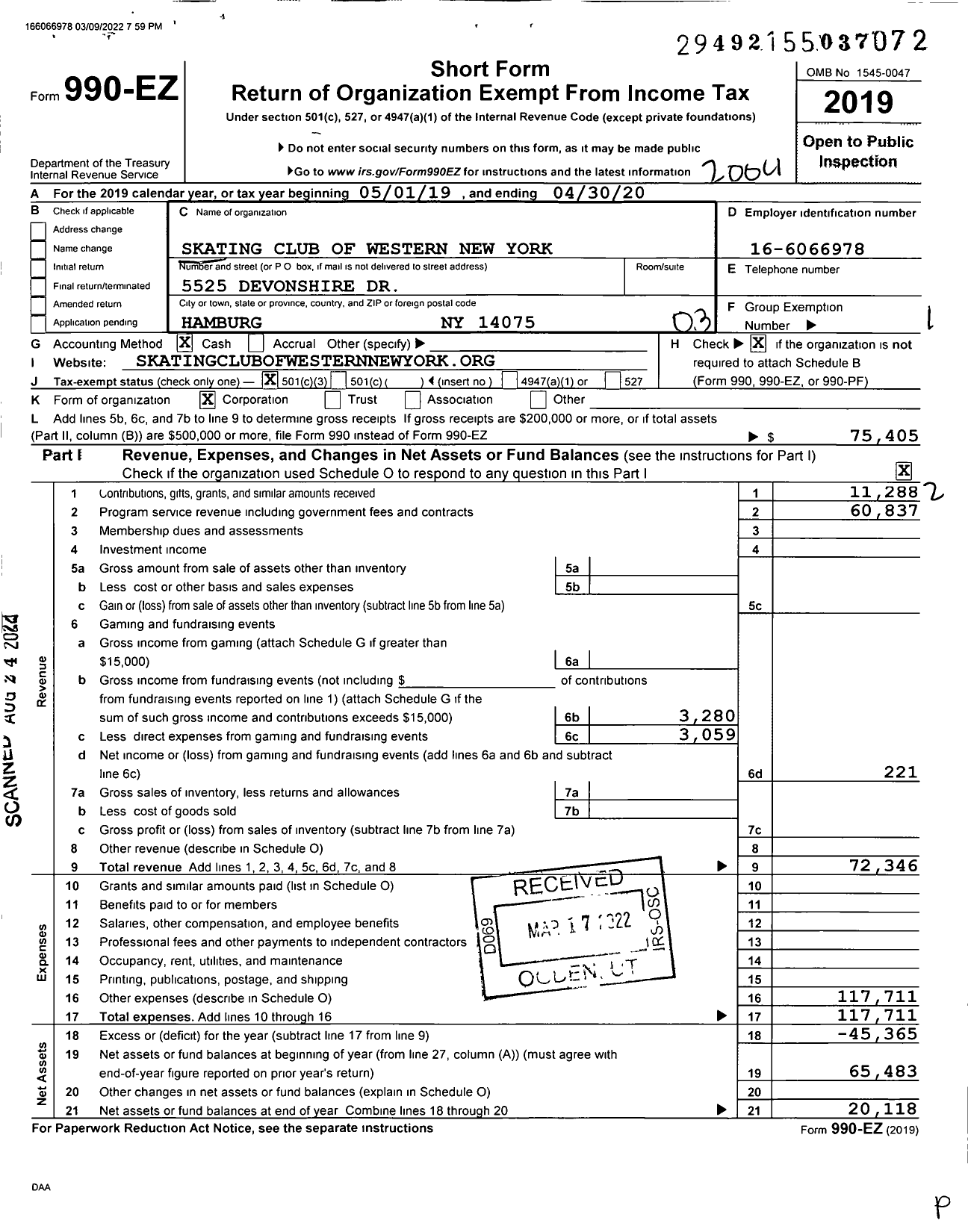 Image of first page of 2020 Form 990EZ for Skating Club of Western New York