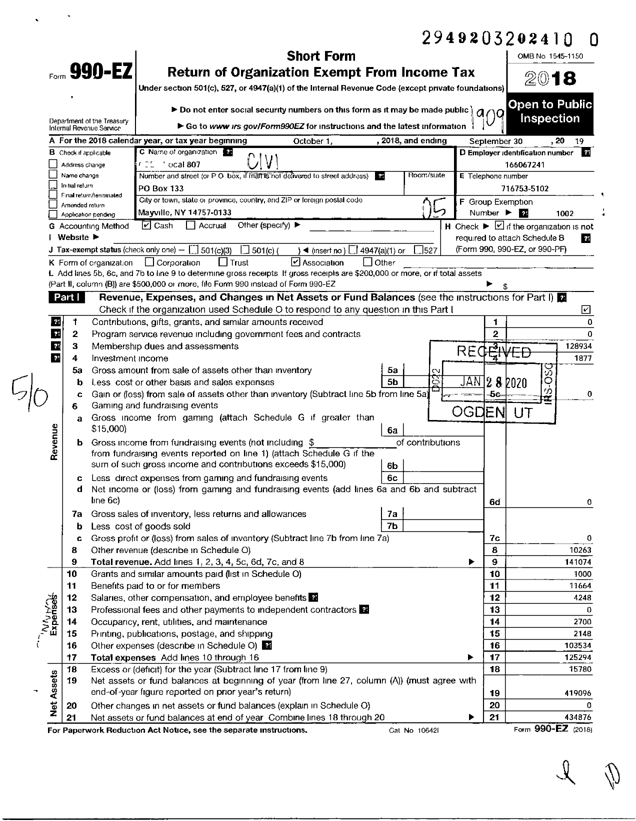 Image of first page of 2018 Form 990EO for Civil Service Employees Association - 0807 Chautauqua County