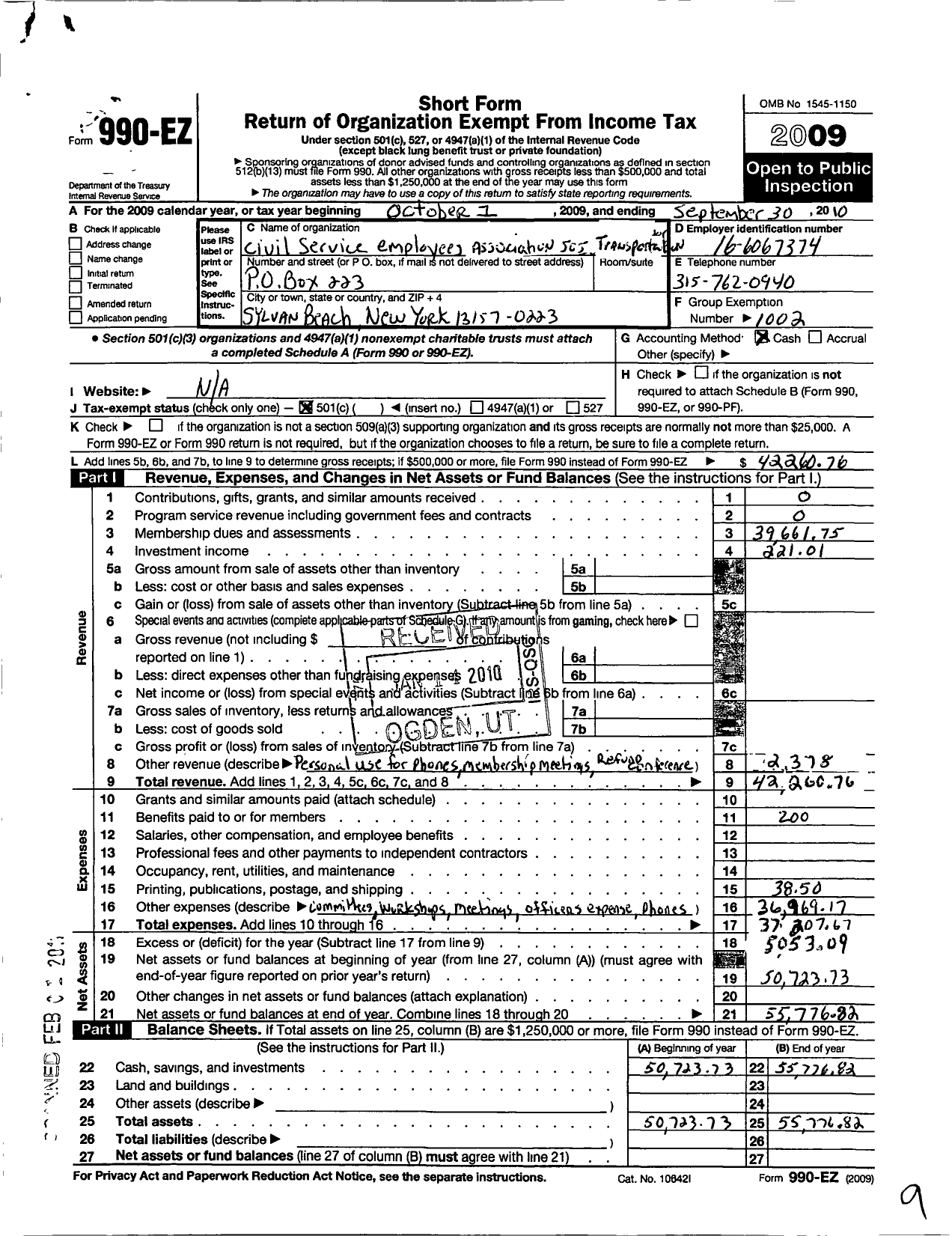 Image of first page of 2009 Form 990EO for Civil Service Employees Association - 0505 Transportation Region 2 Utica