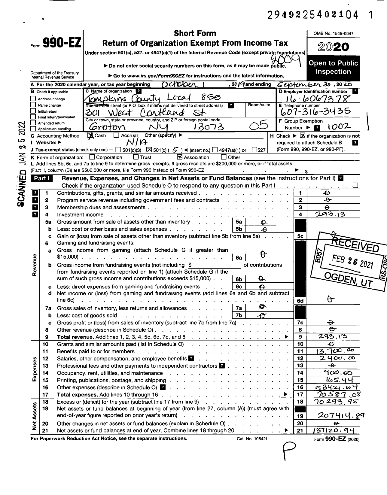 Image of first page of 2019 Form 990EO for Civil Service Employees Association - 0855-890101 Tompkins County Ithaca