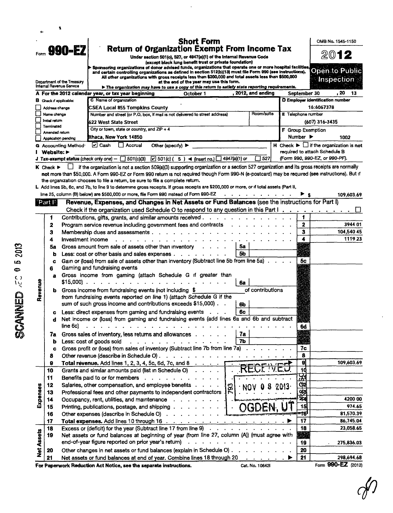 Image of first page of 2012 Form 990EO for Civil Service Employees Association - 0855-890101 Tompkins County Ithaca