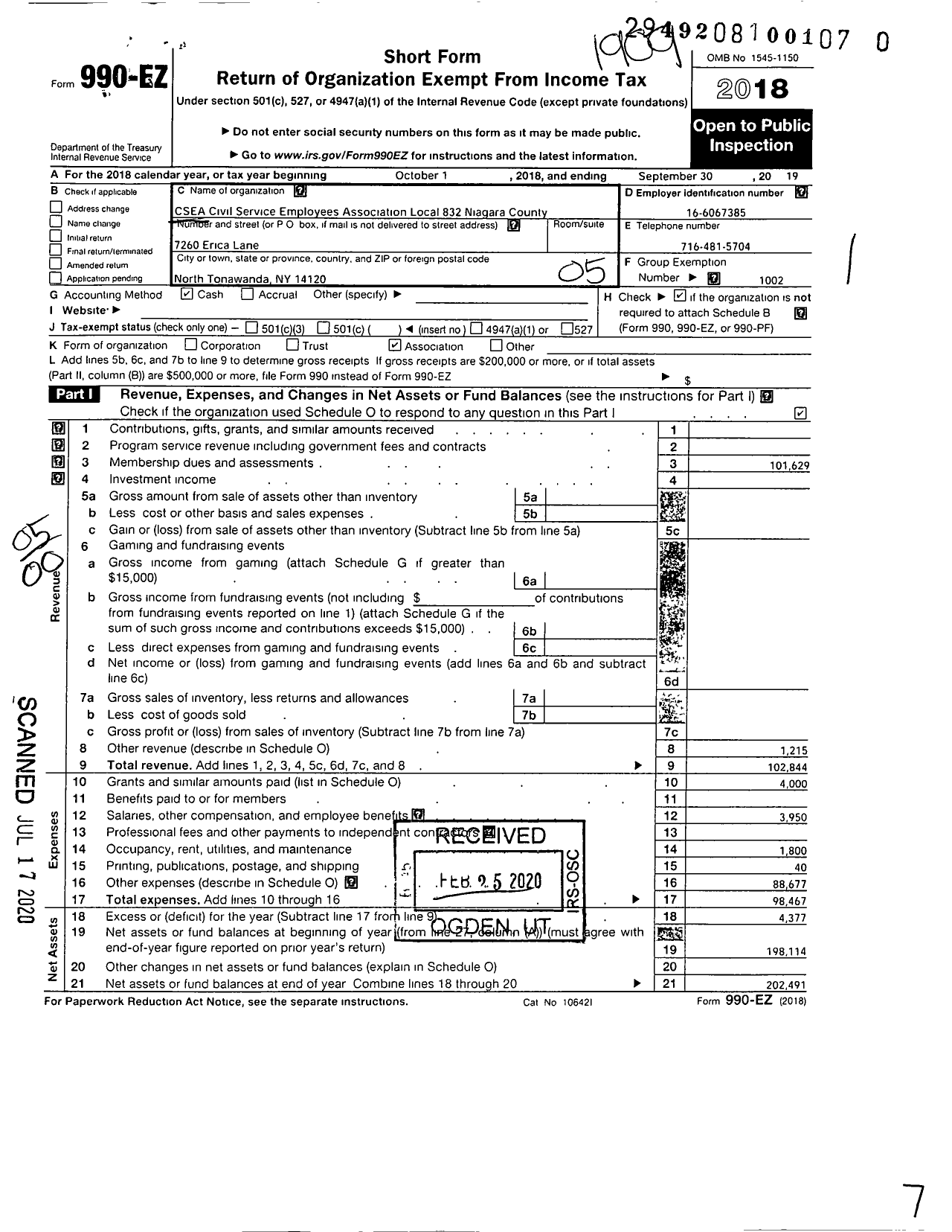 Image of first page of 2018 Form 990EO for Civil Service Employees Association - 0832 Niagara County