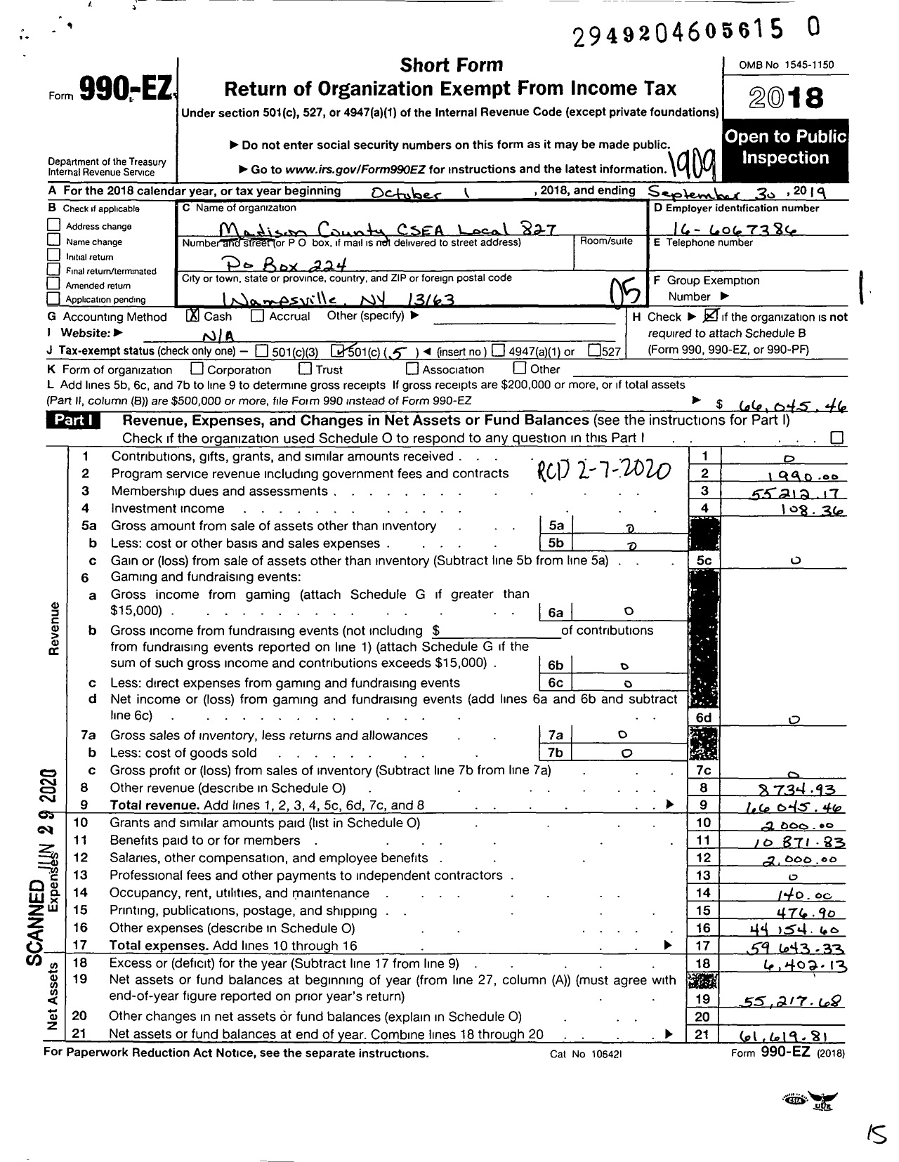 Image of first page of 2018 Form 990EO for Civil Service Employees Association - 0827 Madison County