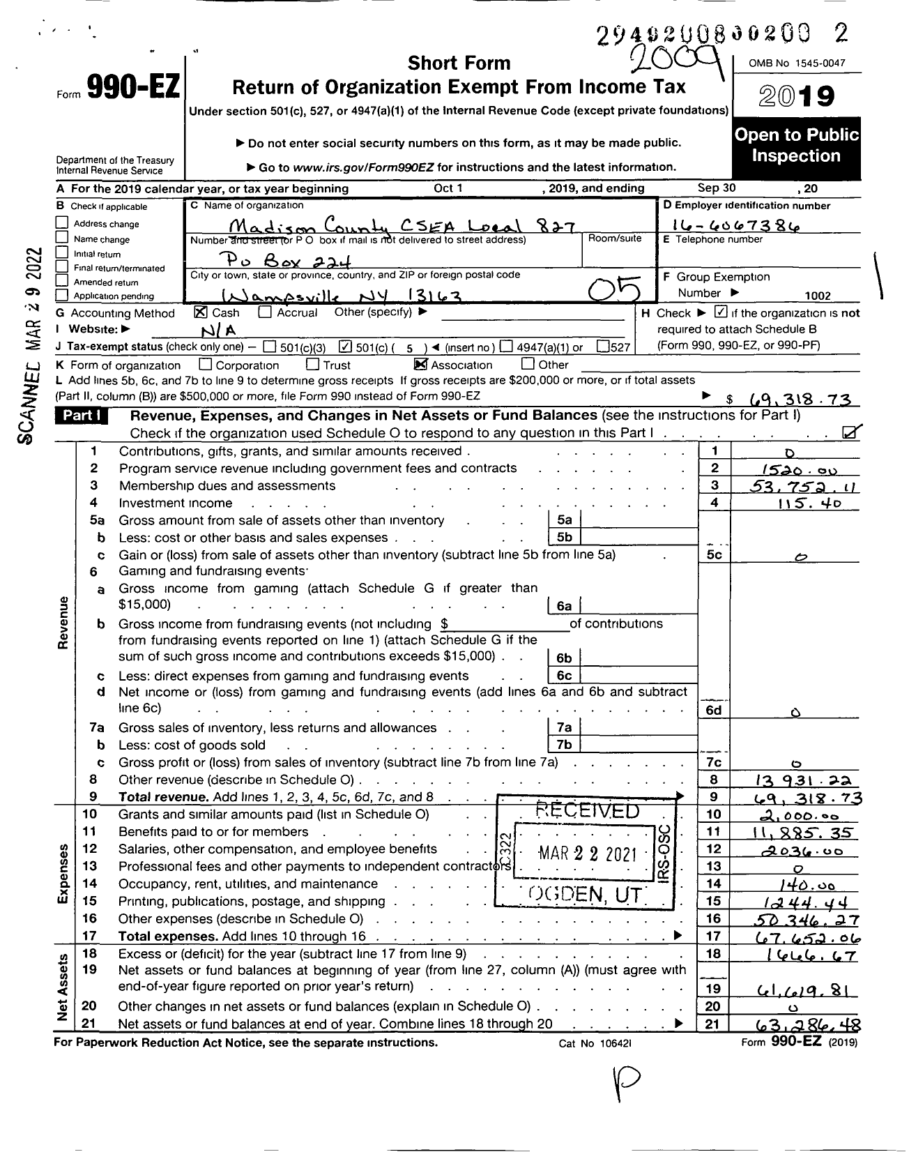 Image of first page of 2019 Form 990EO for Civil Service Employees Association - 0827 Madison County