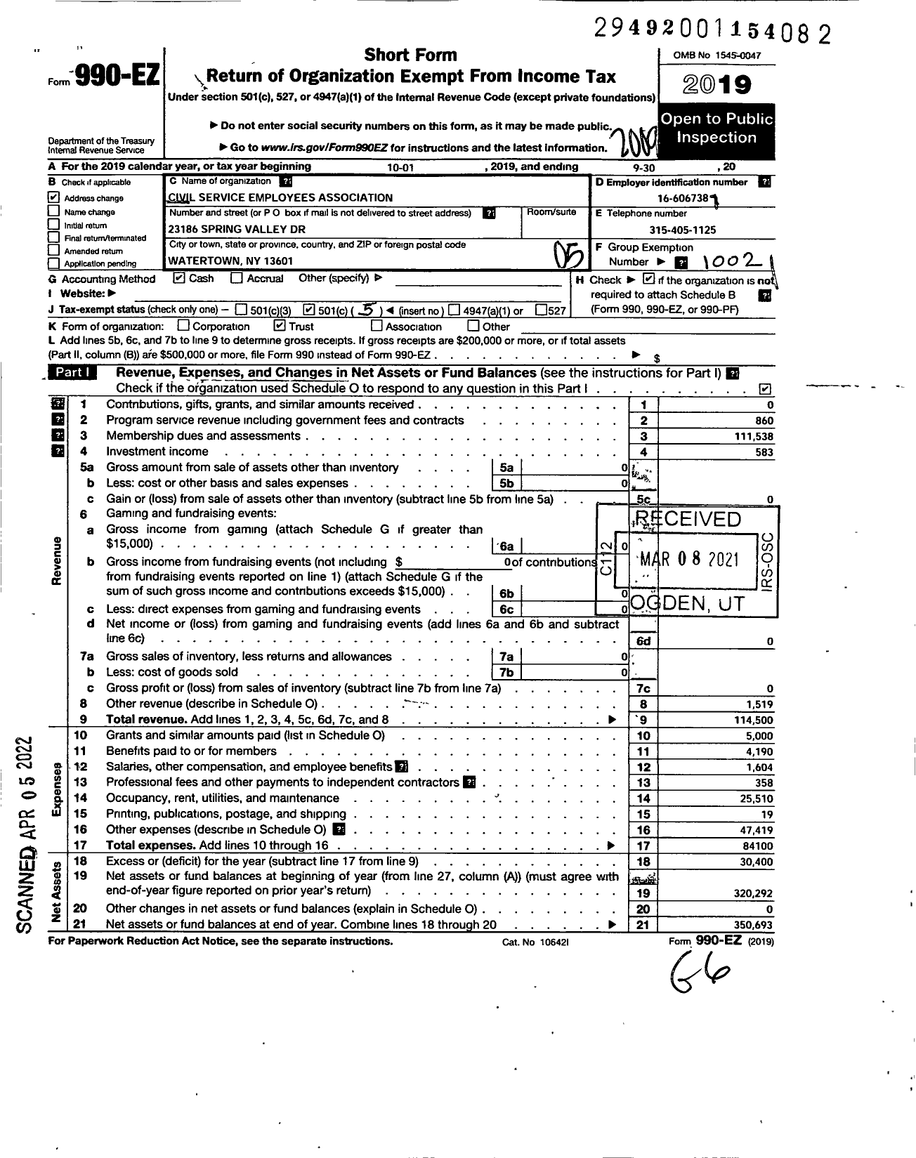 Image of first page of 2019 Form 990EO for Civil Service Employees Association - 0823 Jefferson County