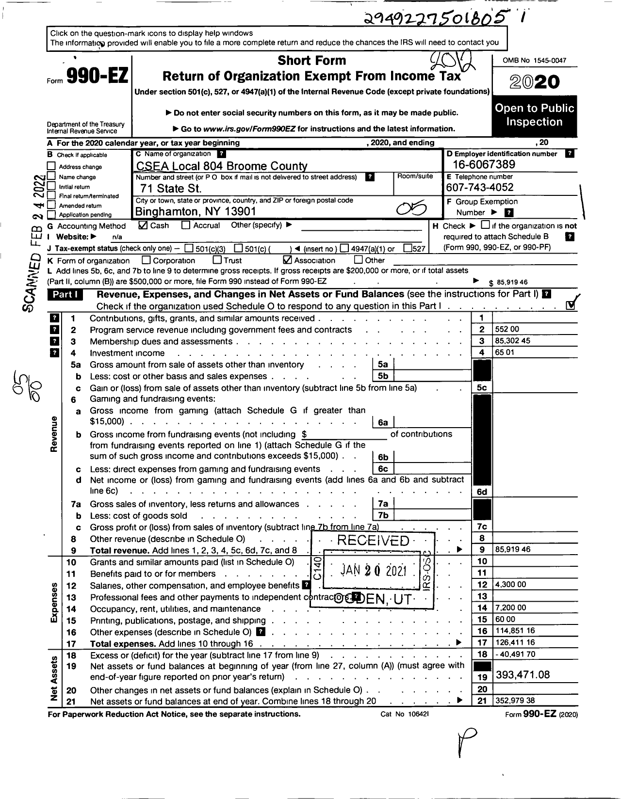 Image of first page of 2020 Form 990EO for Civil Service Employees Association - 0804 Broome County