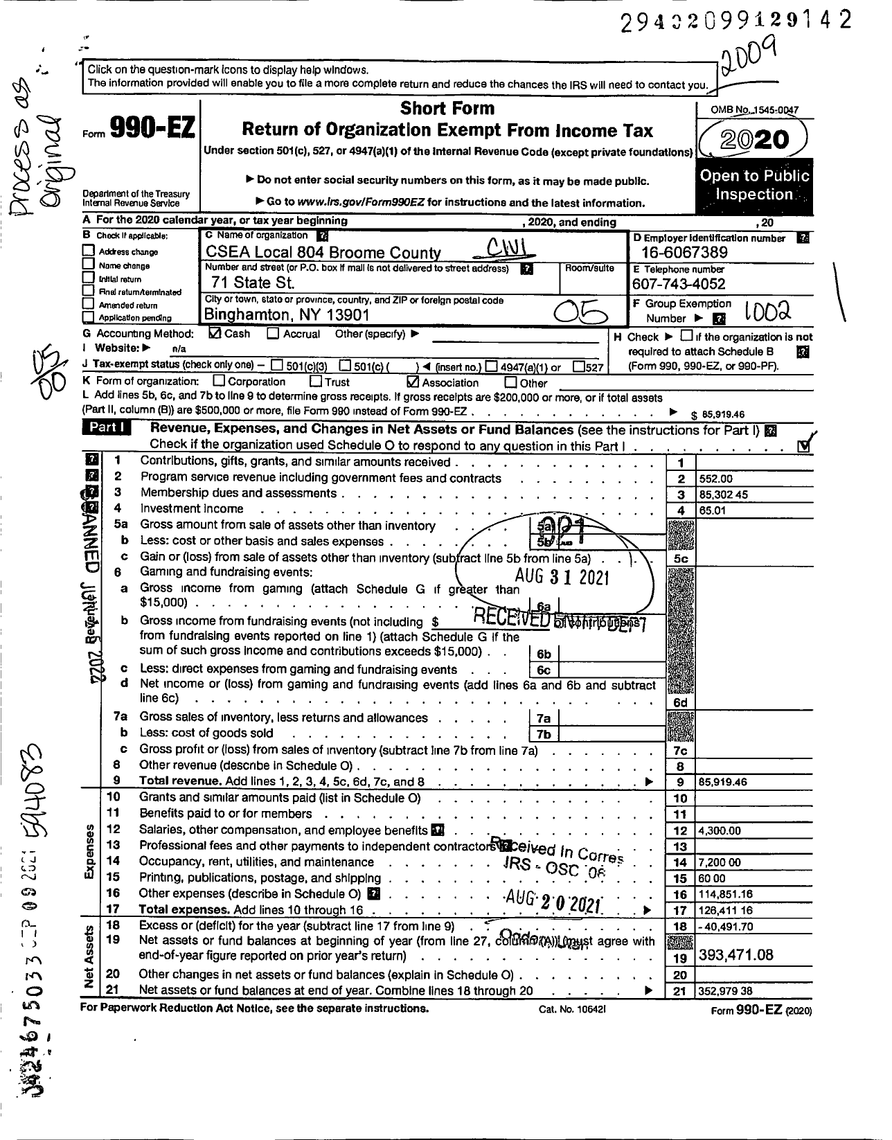 Image of first page of 2019 Form 990EO for Civil Service Employees Association - 0804 Broome County