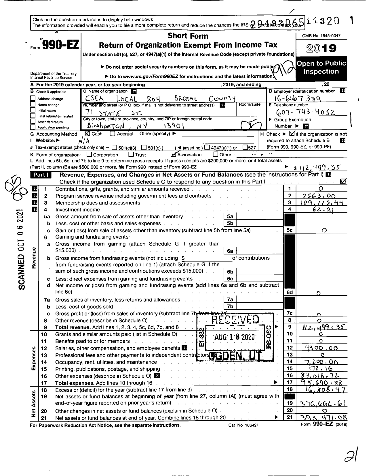 Image of first page of 2019 Form 990EO for Civil Service Employees Association - 0804 Broome County