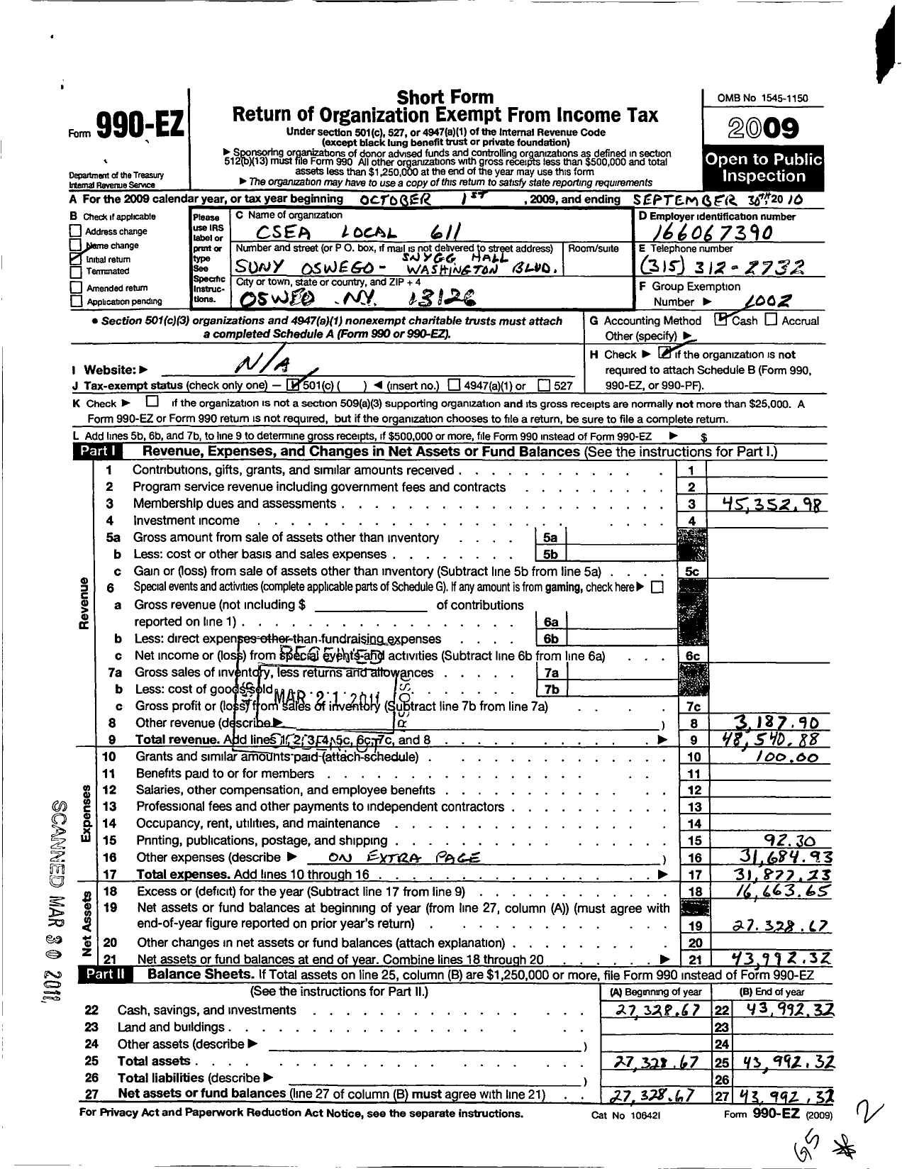 Image of first page of 2009 Form 990EO for Civil Service Employees Association - 0611 Su College at Oswego