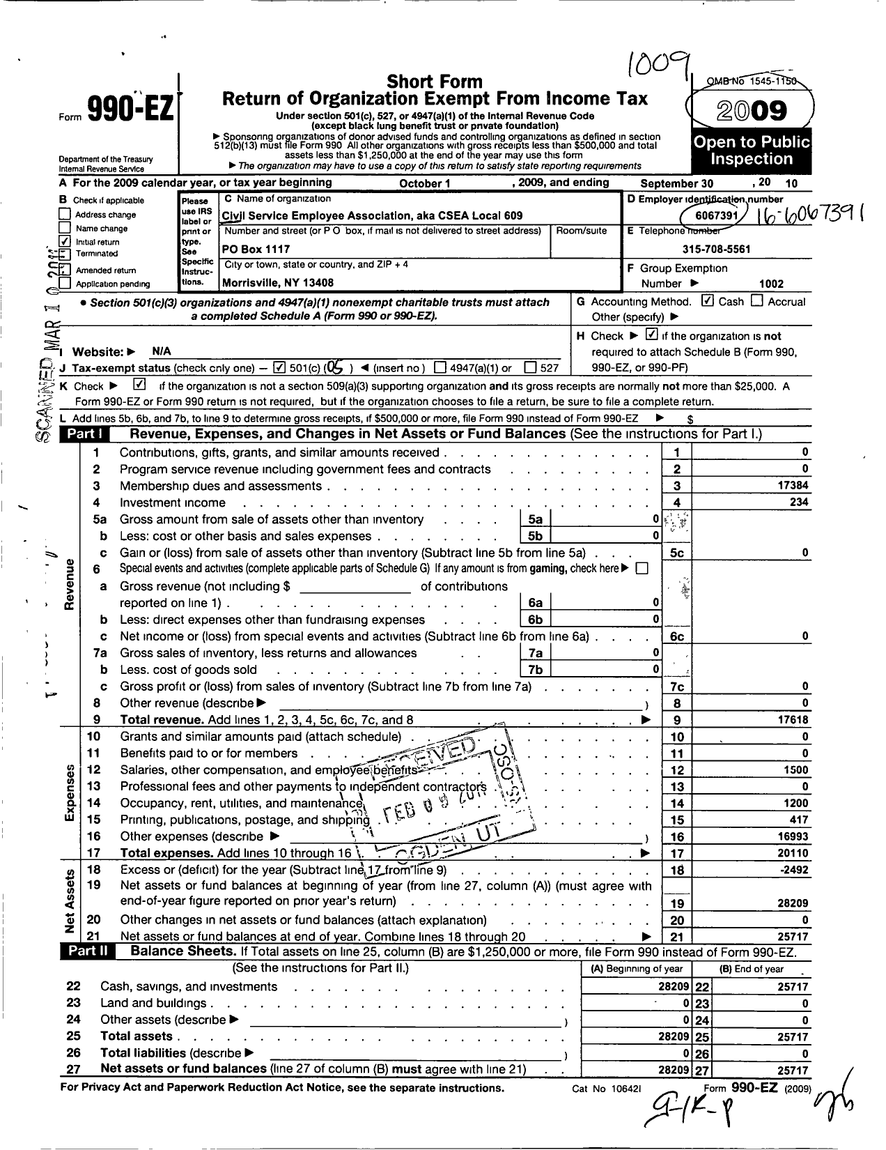 Image of first page of 2009 Form 990EO for Civil Service Employees Association - Csea Local 609