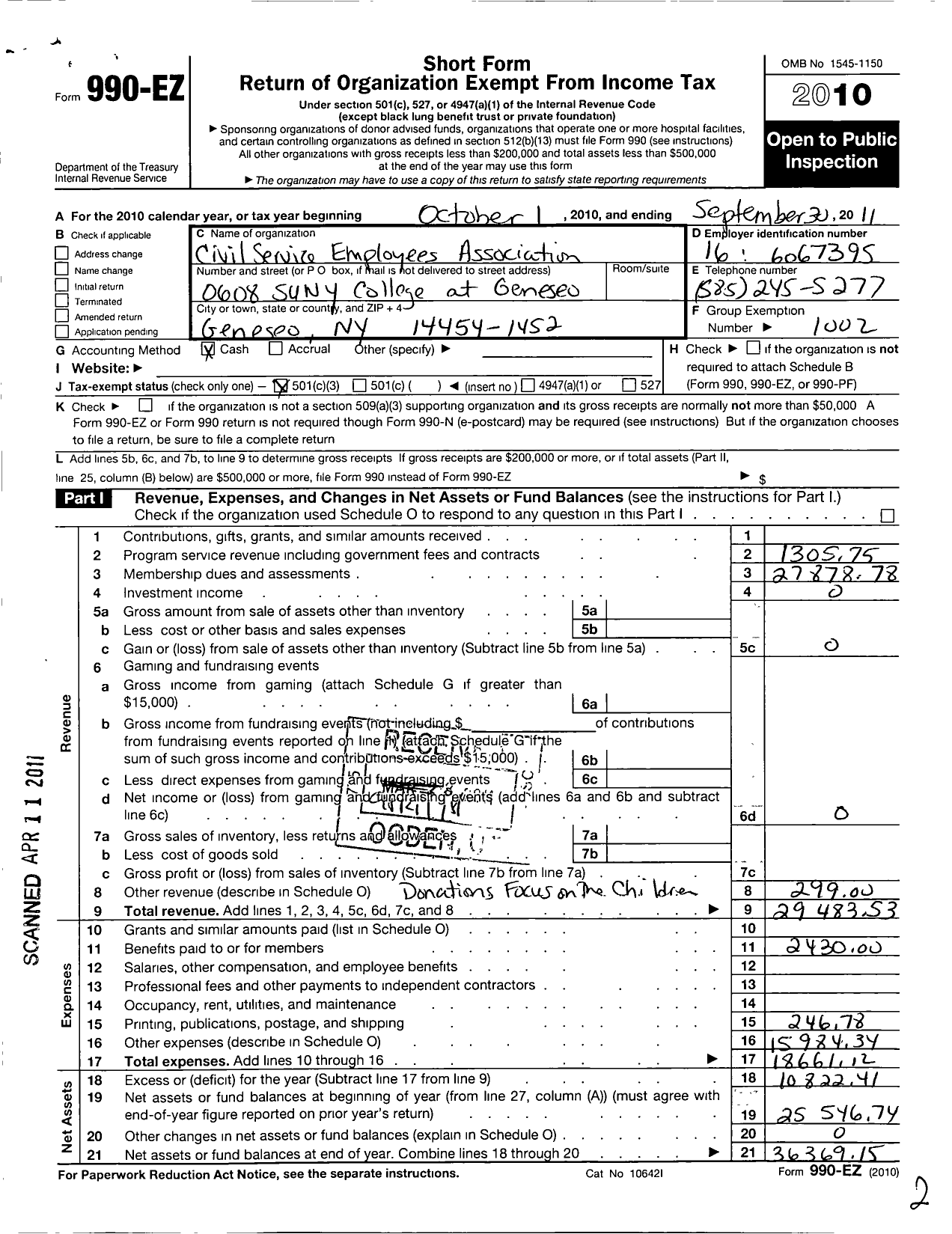 Image of first page of 2010 Form 990EZ for Civil Service Employees Association - 0608 Suny College at Geneseo