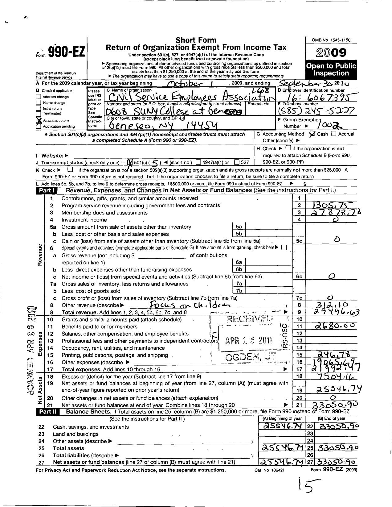 Image of first page of 2009 Form 990EO for Civil Service Employees Association - 0608 Suny College at Geneseo