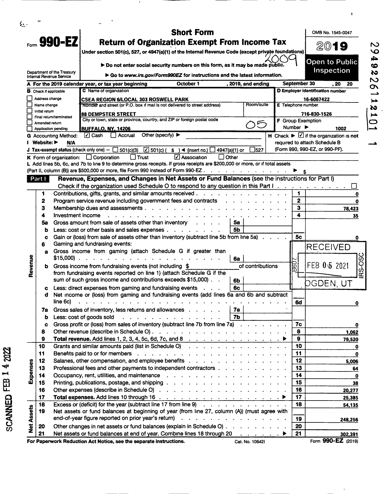 Image of first page of 2019 Form 990EO for CIVIL SERVICE EMPLOYEES ASSOCIATION - 0303 Roswell Park Memrl Institute