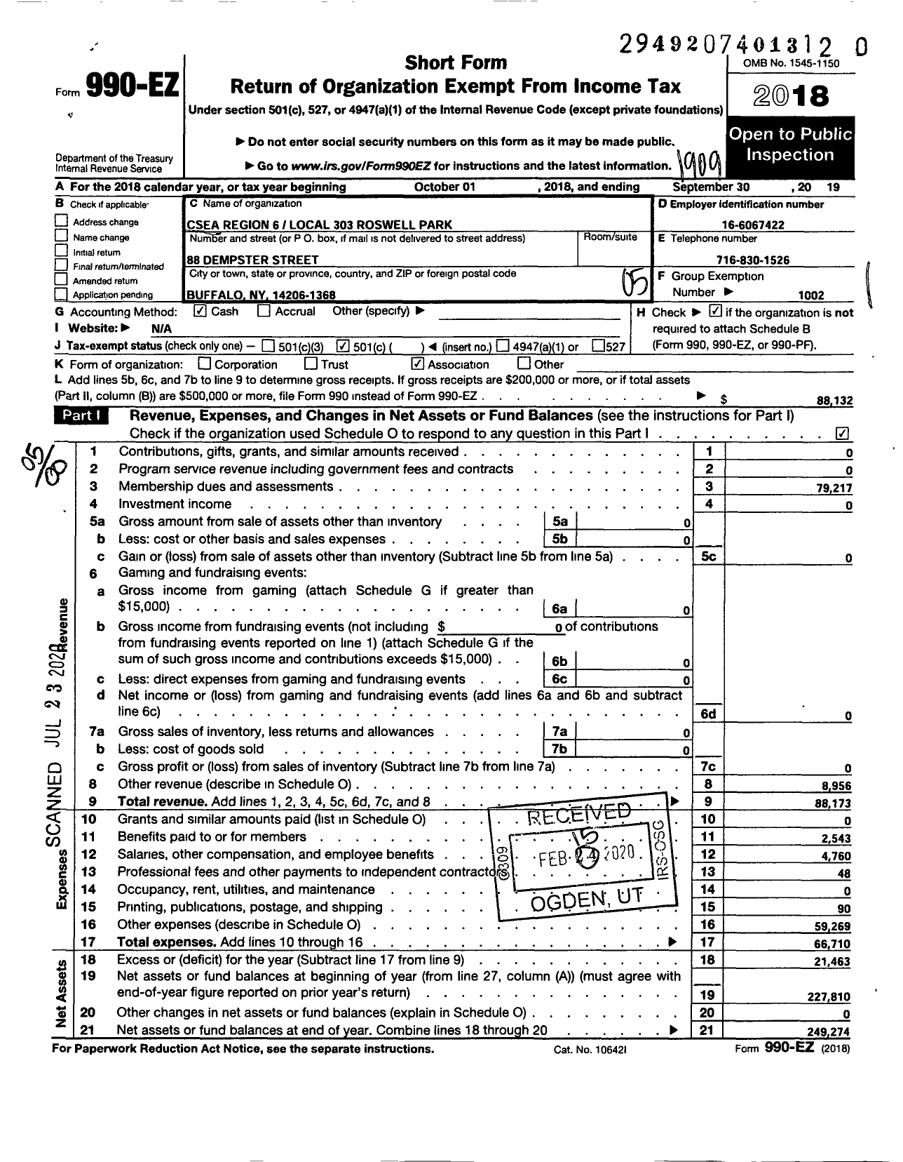 Image of first page of 2018 Form 990EO for CIVIL SERVICE EMPLOYEES ASSOCIATION - 0303 Roswell Park Memrl Institute