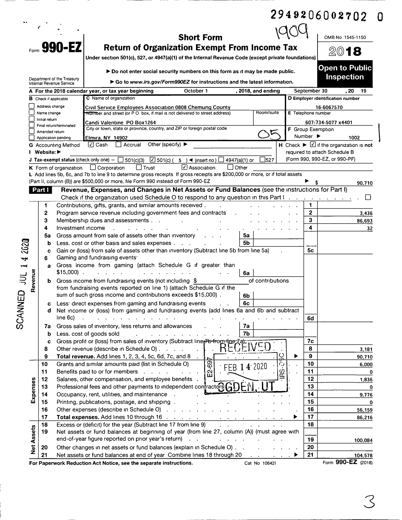 Image of first page of 2018 Form 990EO for CIVIL SERVICE EMPLOYEES ASSOCIATION - 0808 Chemung County