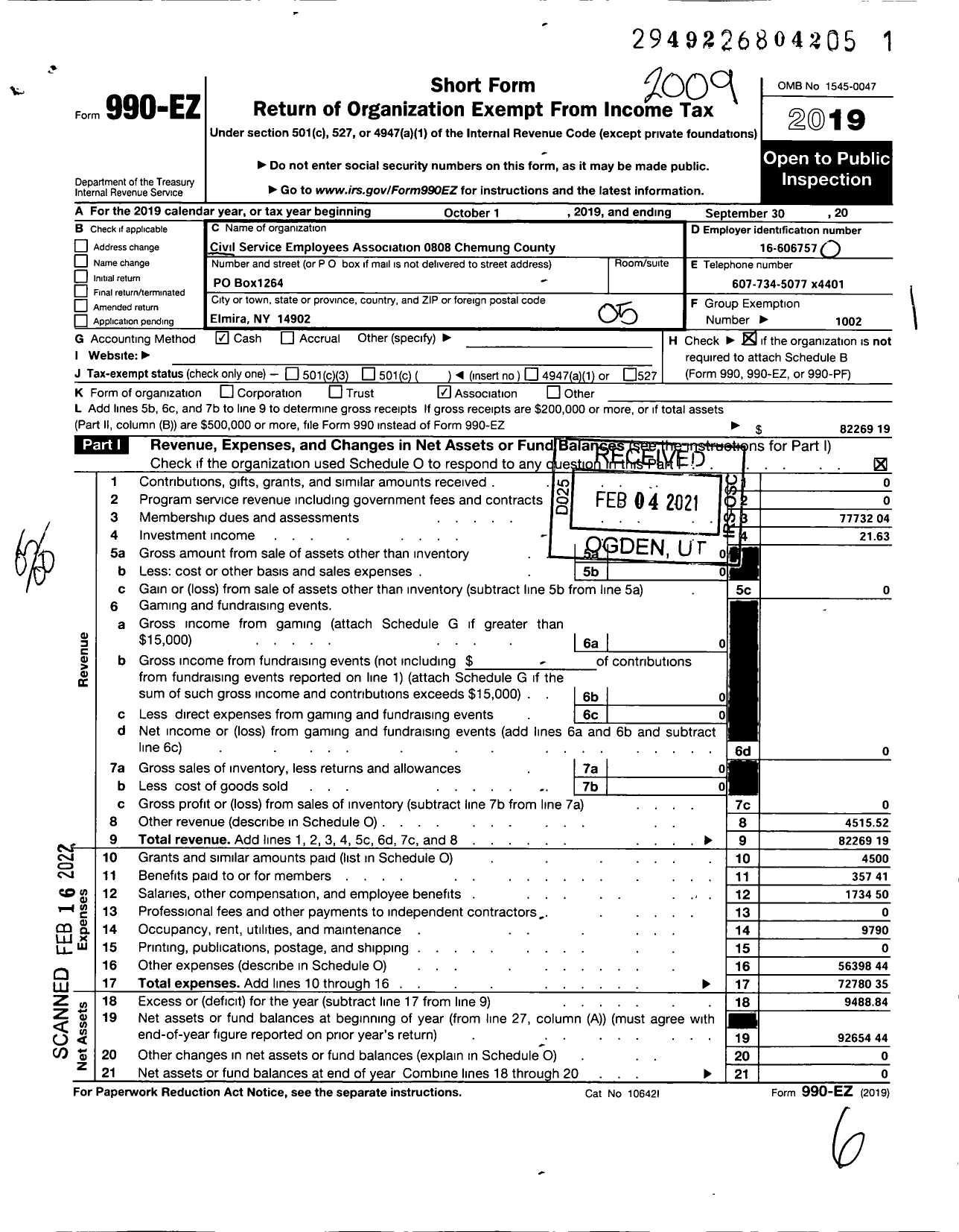 Image of first page of 2019 Form 990EO for CIVIL SERVICE EMPLOYEES ASSOCIATION - 0808 Chemung County