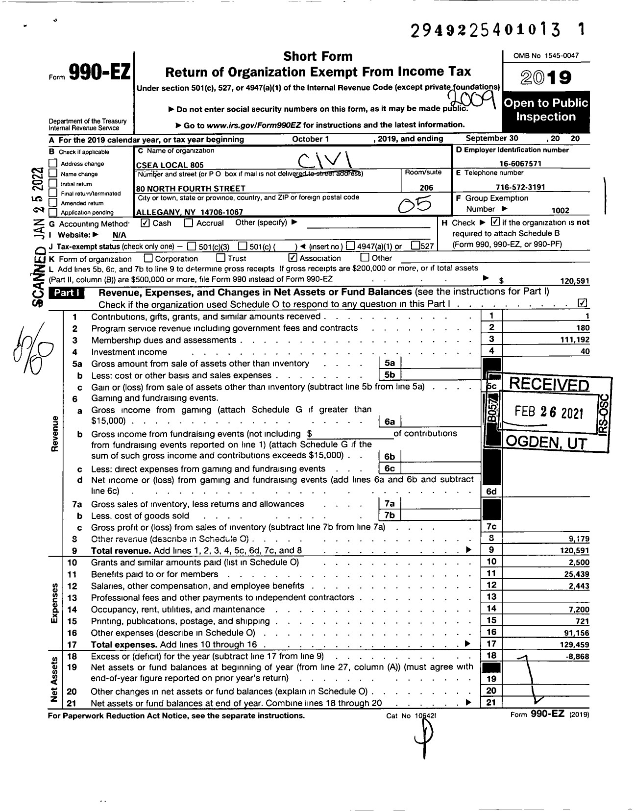 Image of first page of 2019 Form 990EO for Civil Service Employees Association - 0805 Cattaraugus County