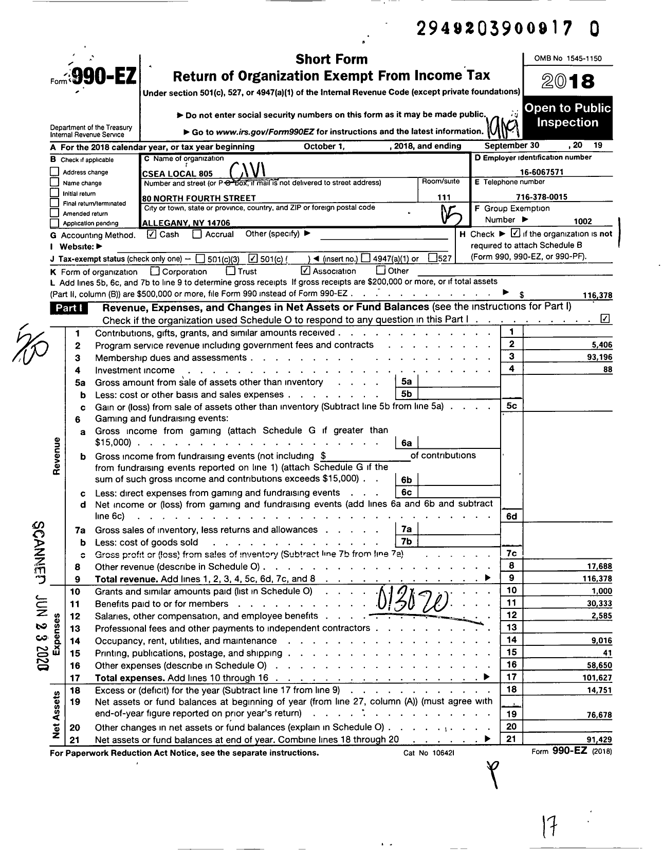 Image of first page of 2018 Form 990EO for Civil Service Employees Association - 0805 Cattaraugus County