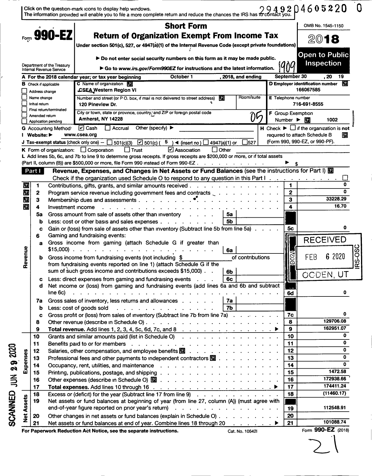 Image of first page of 2018 Form 990EO for Civil Service Employees Association - 1000 Region 6-western