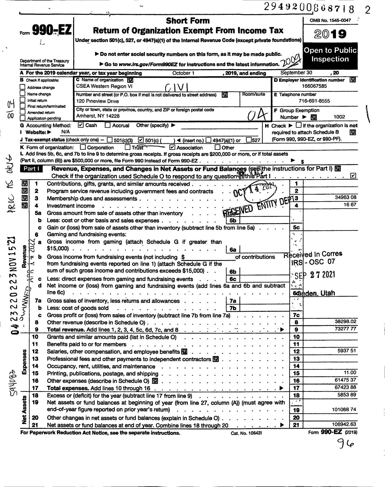 Image of first page of 2019 Form 990EO for Civil Service Employees Association - 1000 Region 6-western