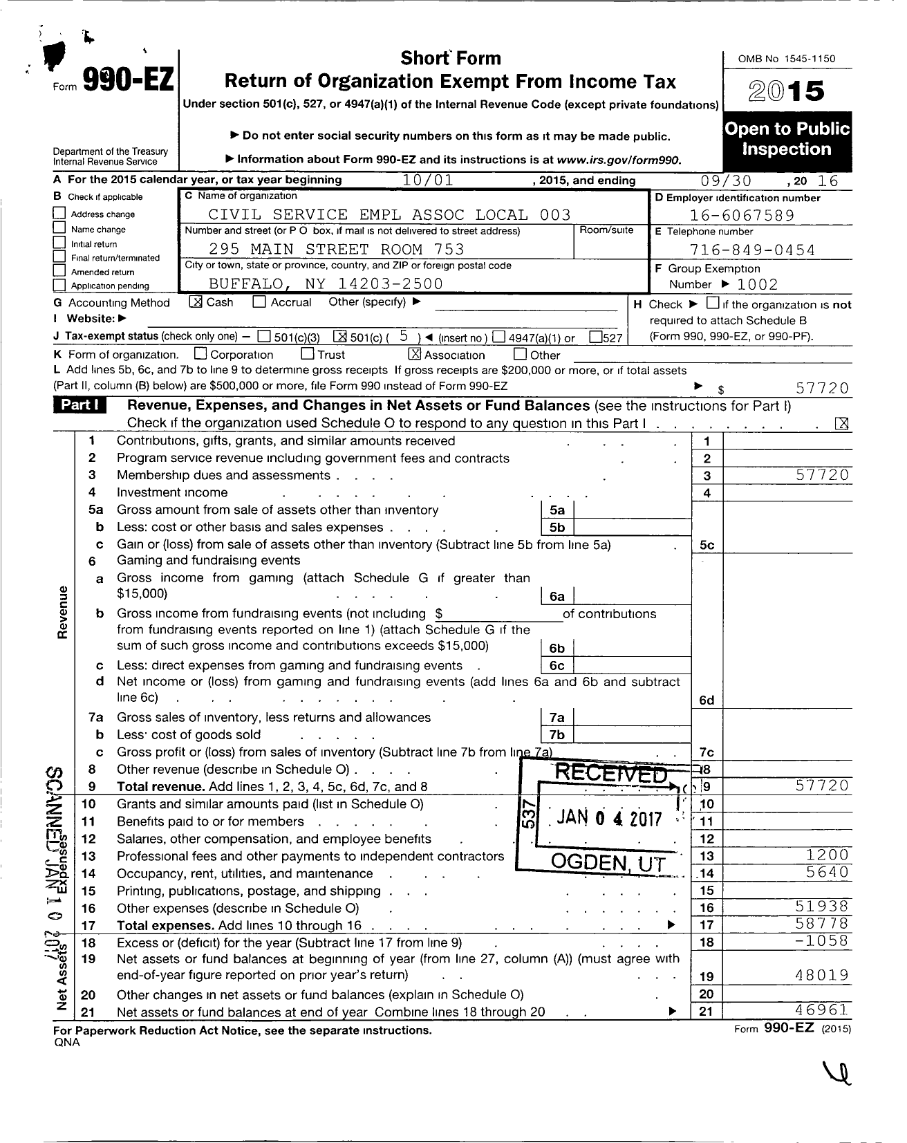 Image of first page of 2015 Form 990EO for Civil Service Employees Association - 0003 Buffalo State Employees