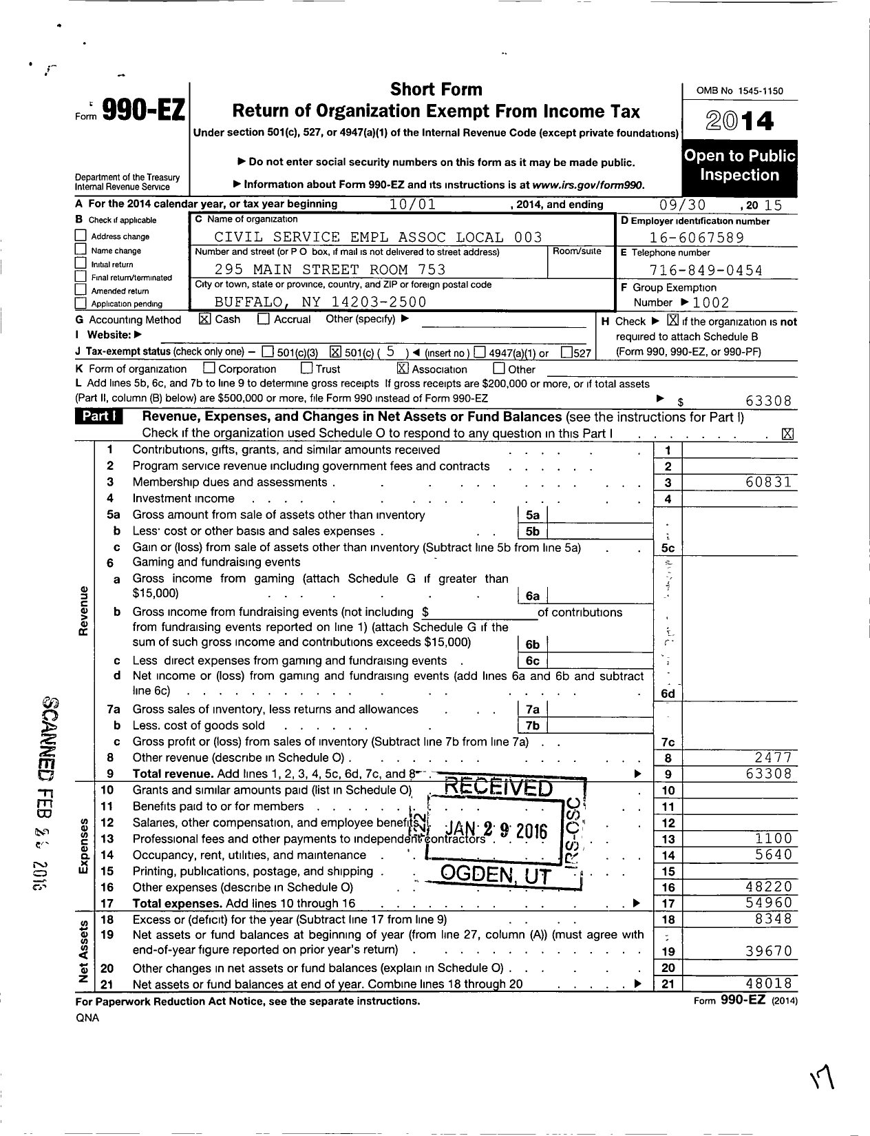 Image of first page of 2014 Form 990EO for Civil Service Employees Association - 0003 Buffalo State Employees