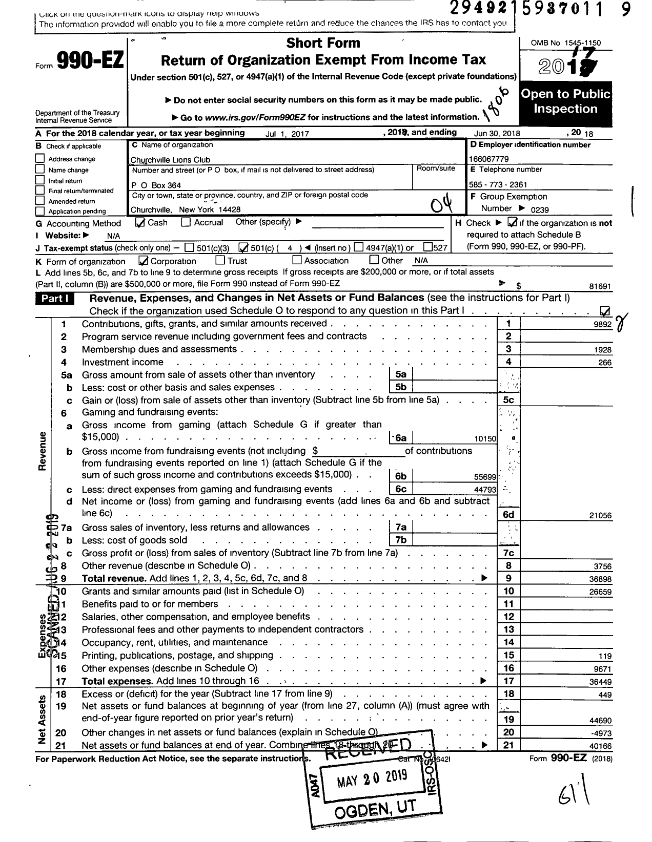 Image of first page of 2017 Form 990EO for LIONS CLUBS - 8082 Churchville New York