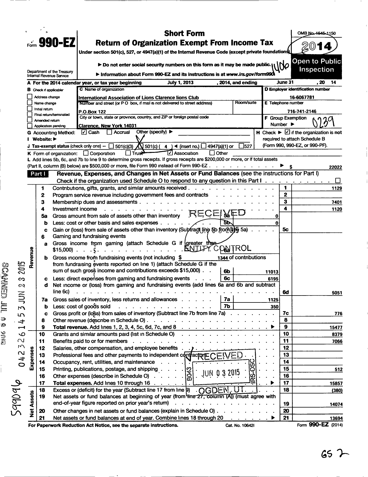 Image of first page of 2013 Form 990EO for Lions Clubs - 8024 Clarence New York