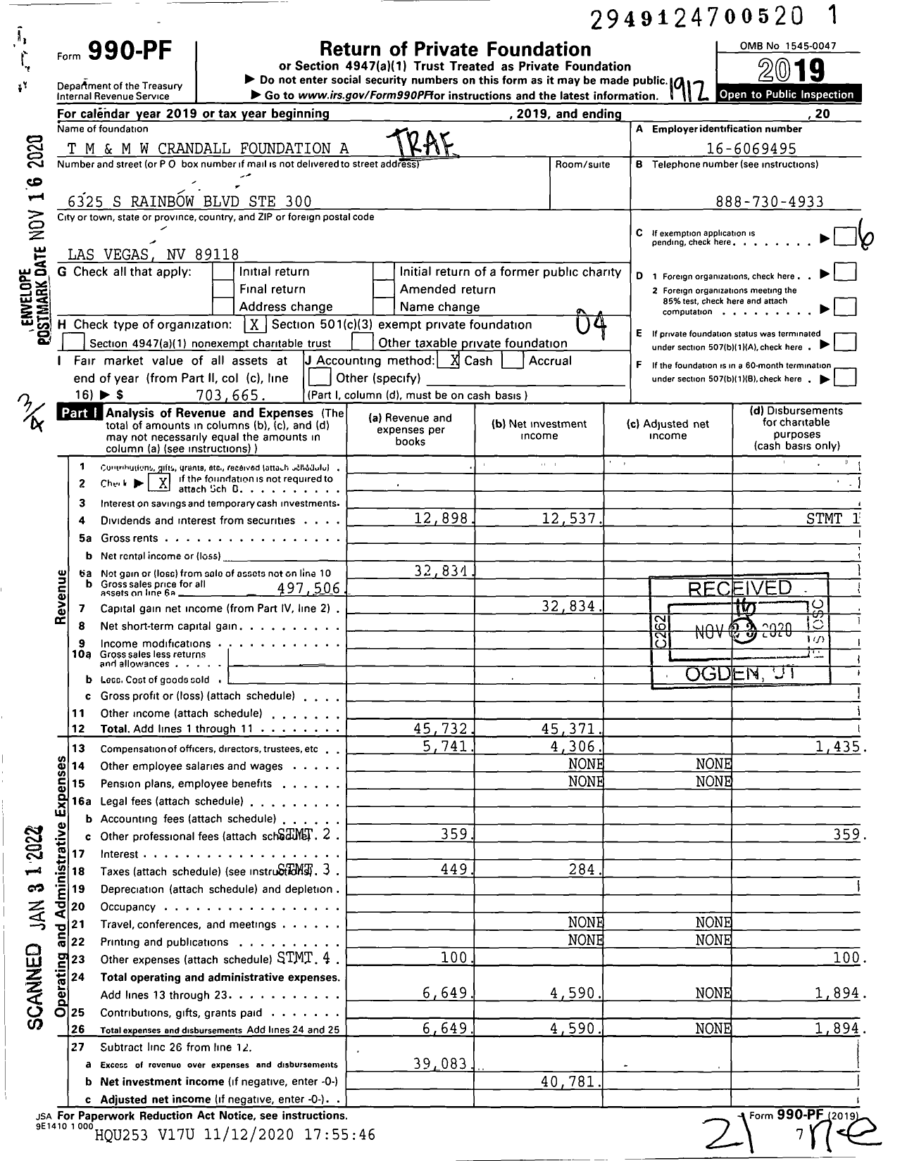 Image of first page of 2019 Form 990PF for T M and M W Crandall Foundation A