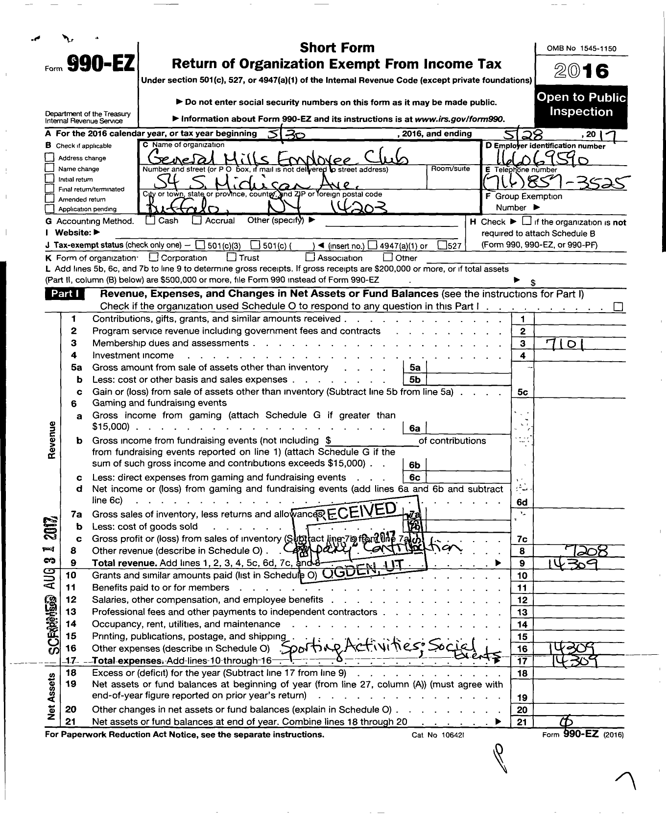 Image of first page of 2016 Form 990EO for General Mills Employee Club