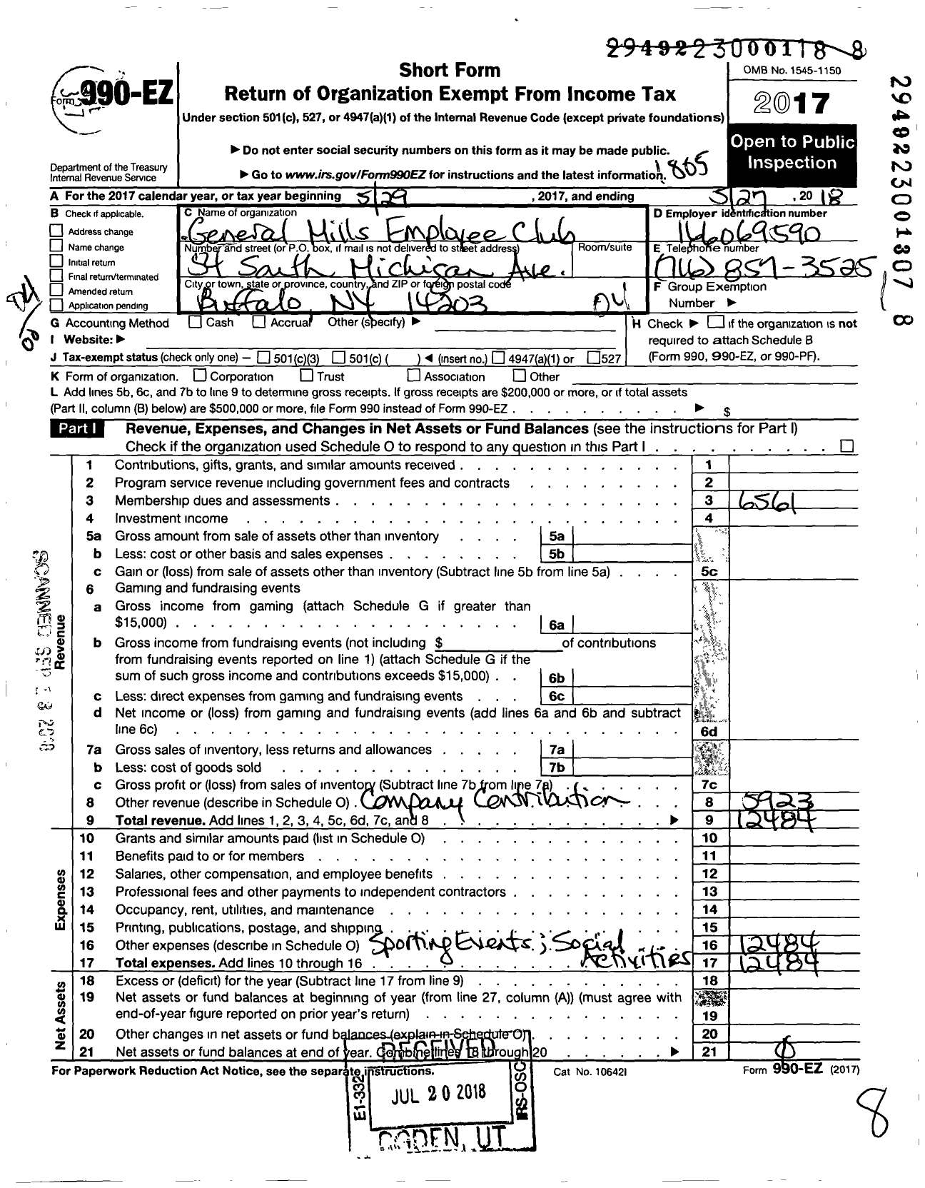 Image of first page of 2017 Form 990EO for General Mills Employee Club