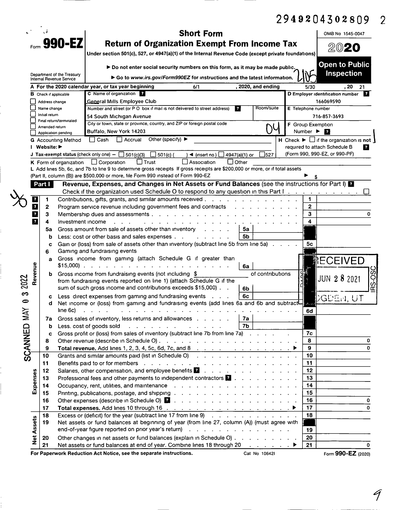 Image of first page of 2020 Form 990EO for General Mills Employee Club