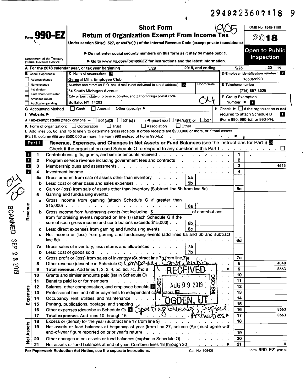 Image of first page of 2018 Form 990EO for General Mills Employee Club