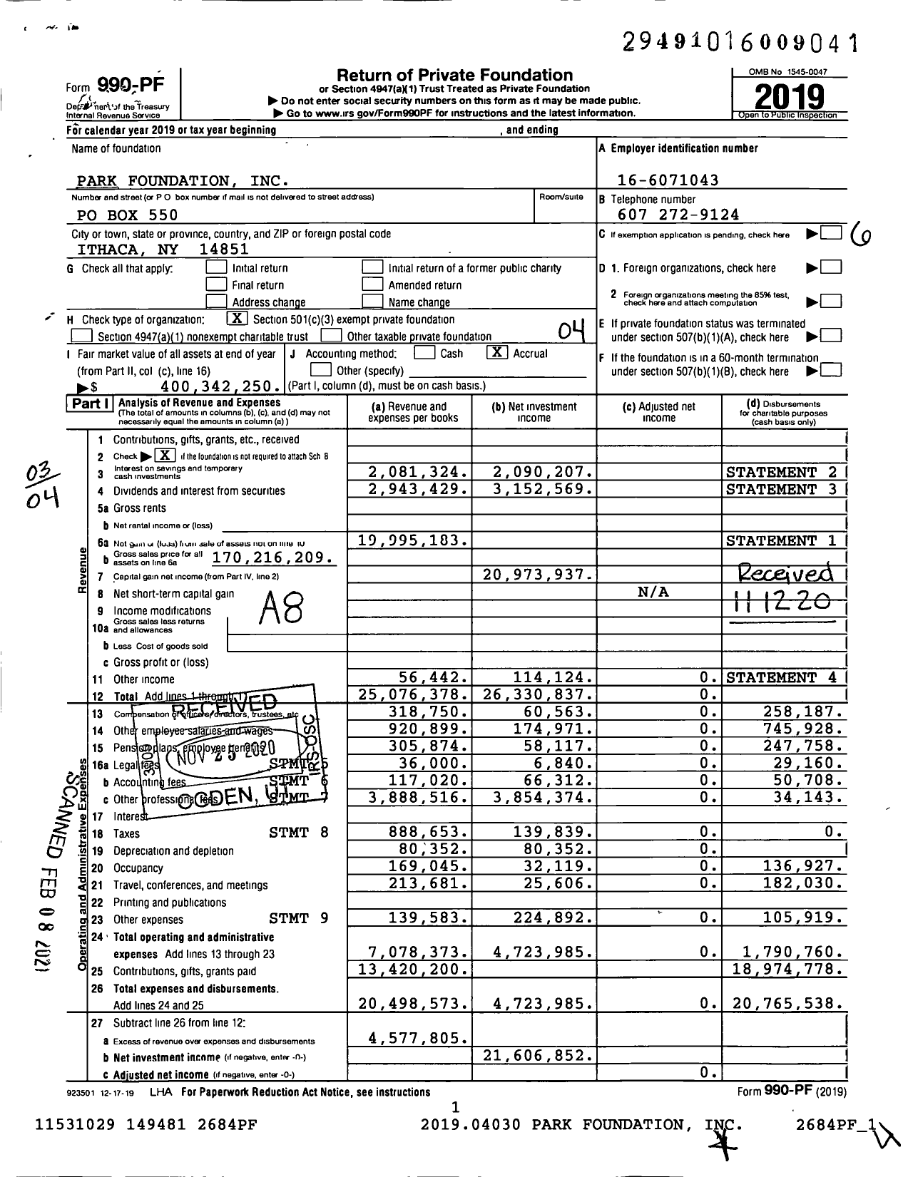 Image of first page of 2019 Form 990PF for Park Foundation / The Northern Trust Co