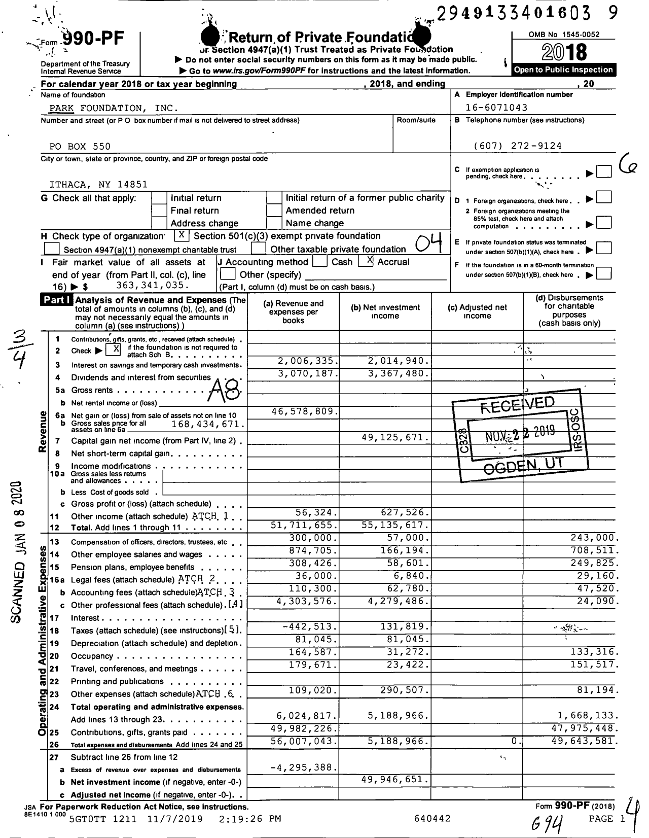 Image of first page of 2018 Form 990PF for Park Foundation / The Northern Trust Co