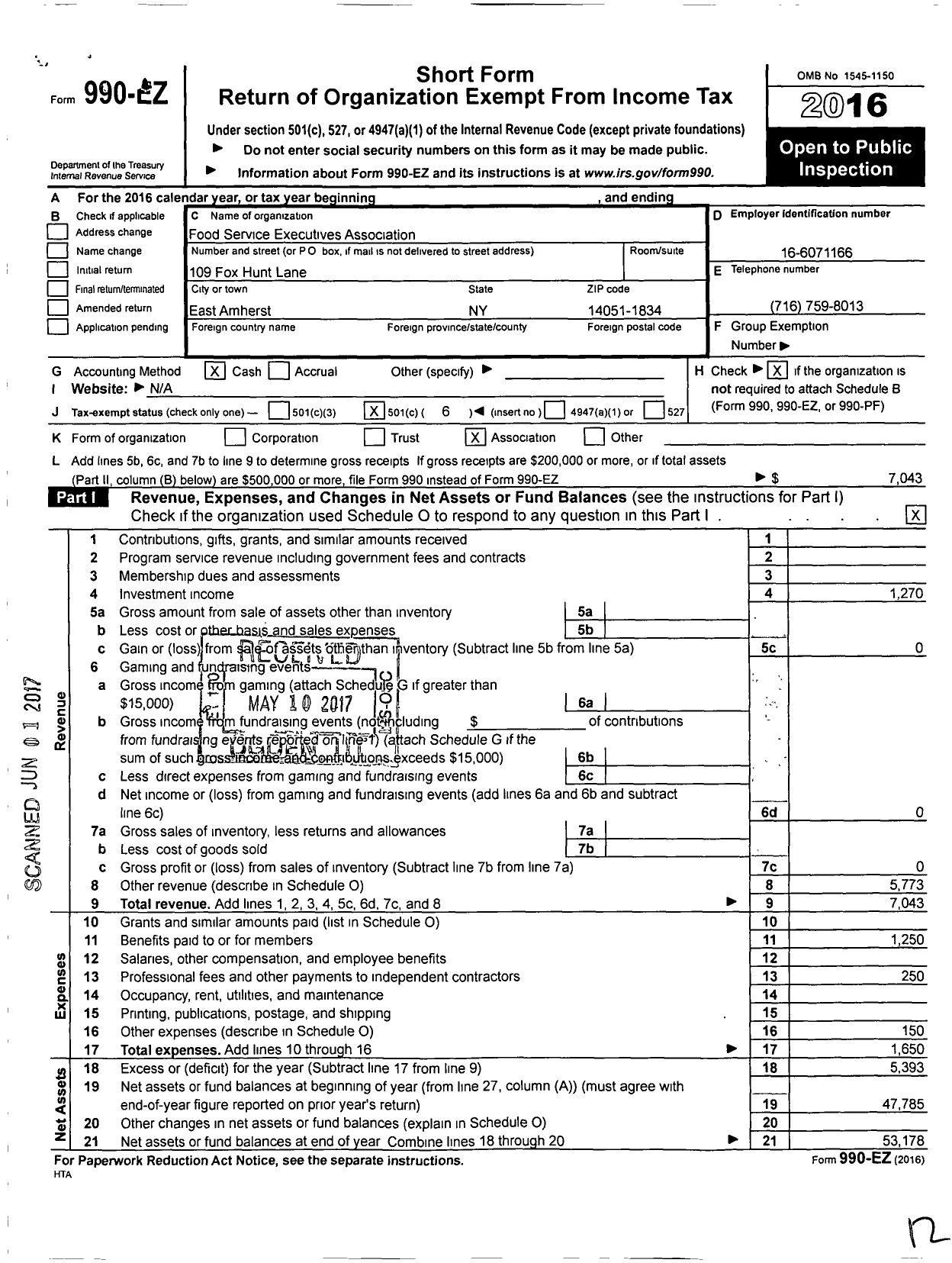 Image of first page of 2016 Form 990EO for Food Service Executives Association / Buffalo Branch