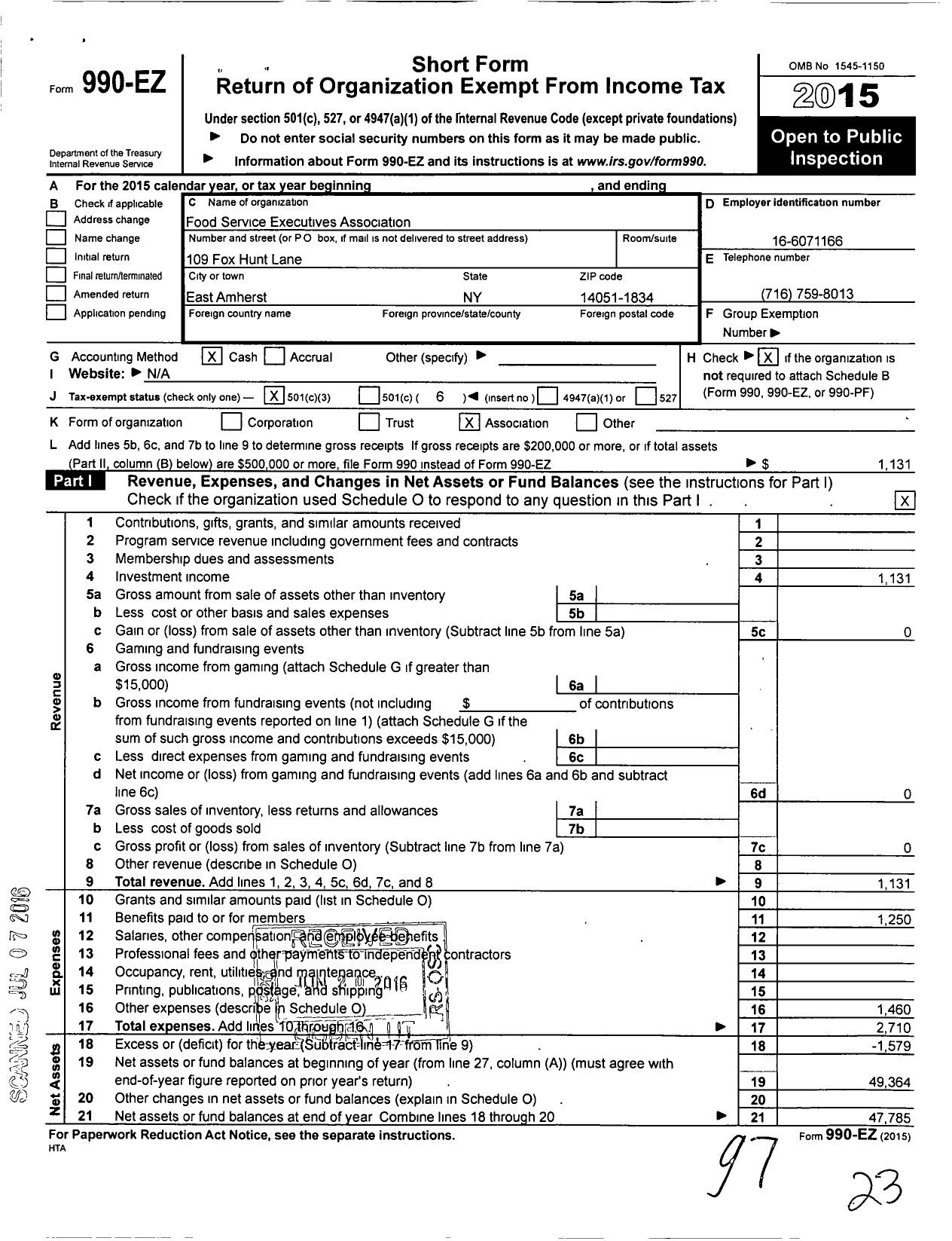 Image of first page of 2015 Form 990EZ for Food Service Executives Association / Buffalo Branch