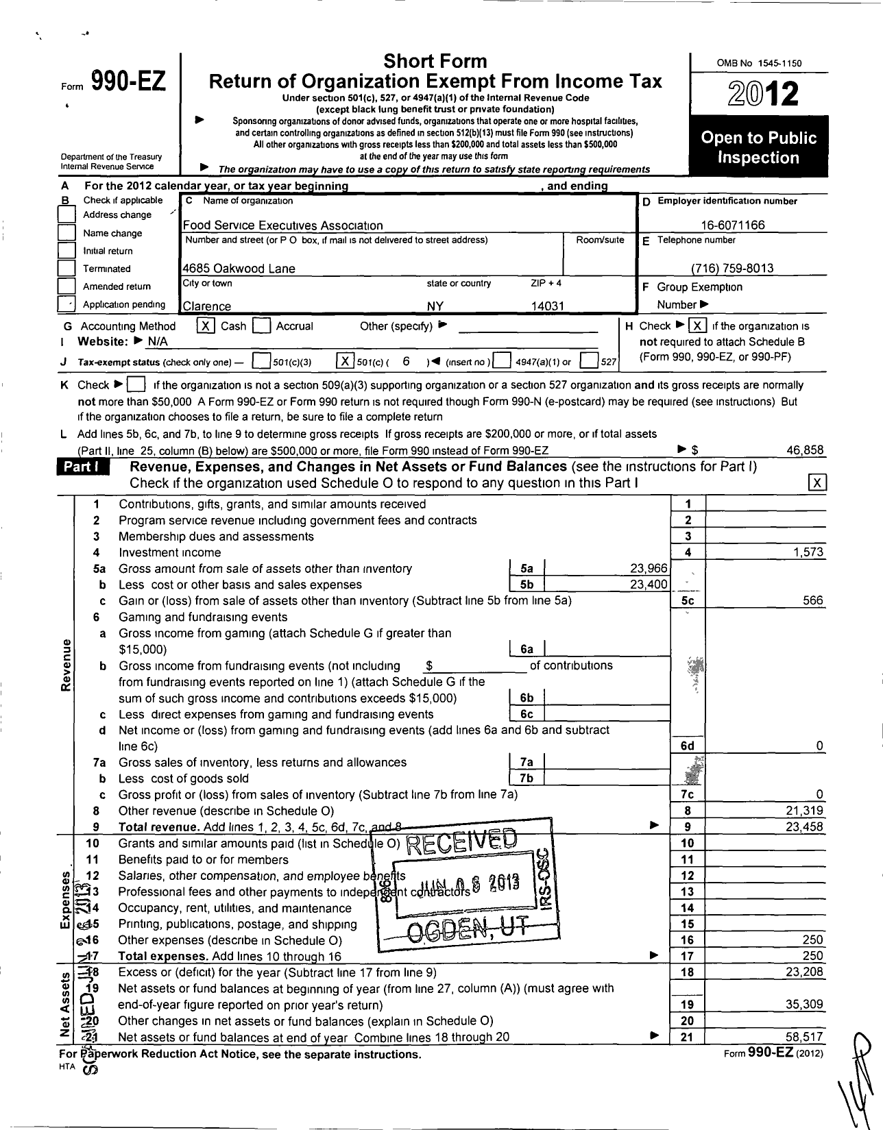 Image of first page of 2012 Form 990EO for Food Service Executives Association / Buffalo Branch