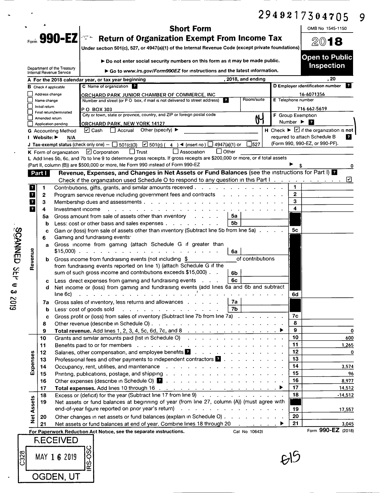 Image of first page of 2018 Form 990EO for Orchard Park Junior Chamber of Commerce