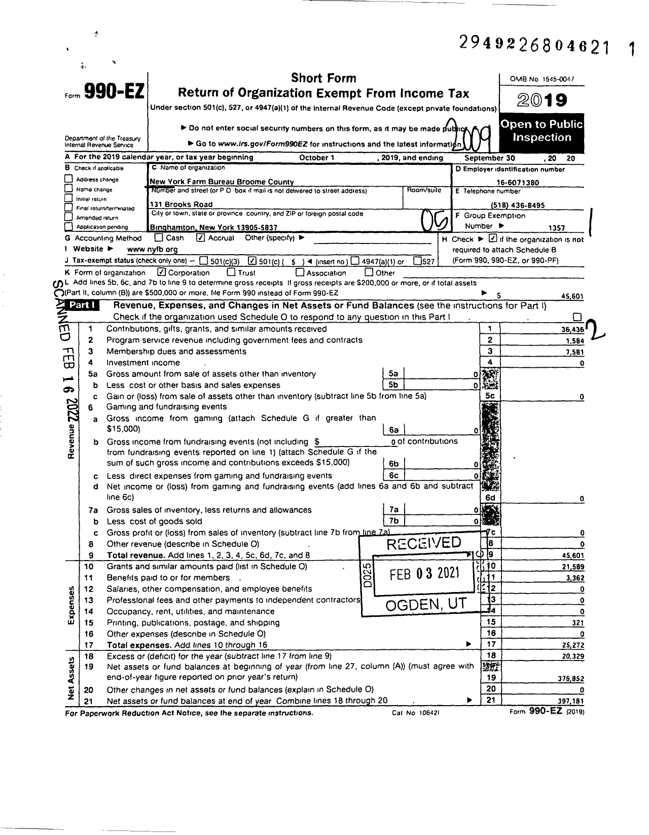 Image of first page of 2019 Form 990EO for New York Farm Bureau Broome County