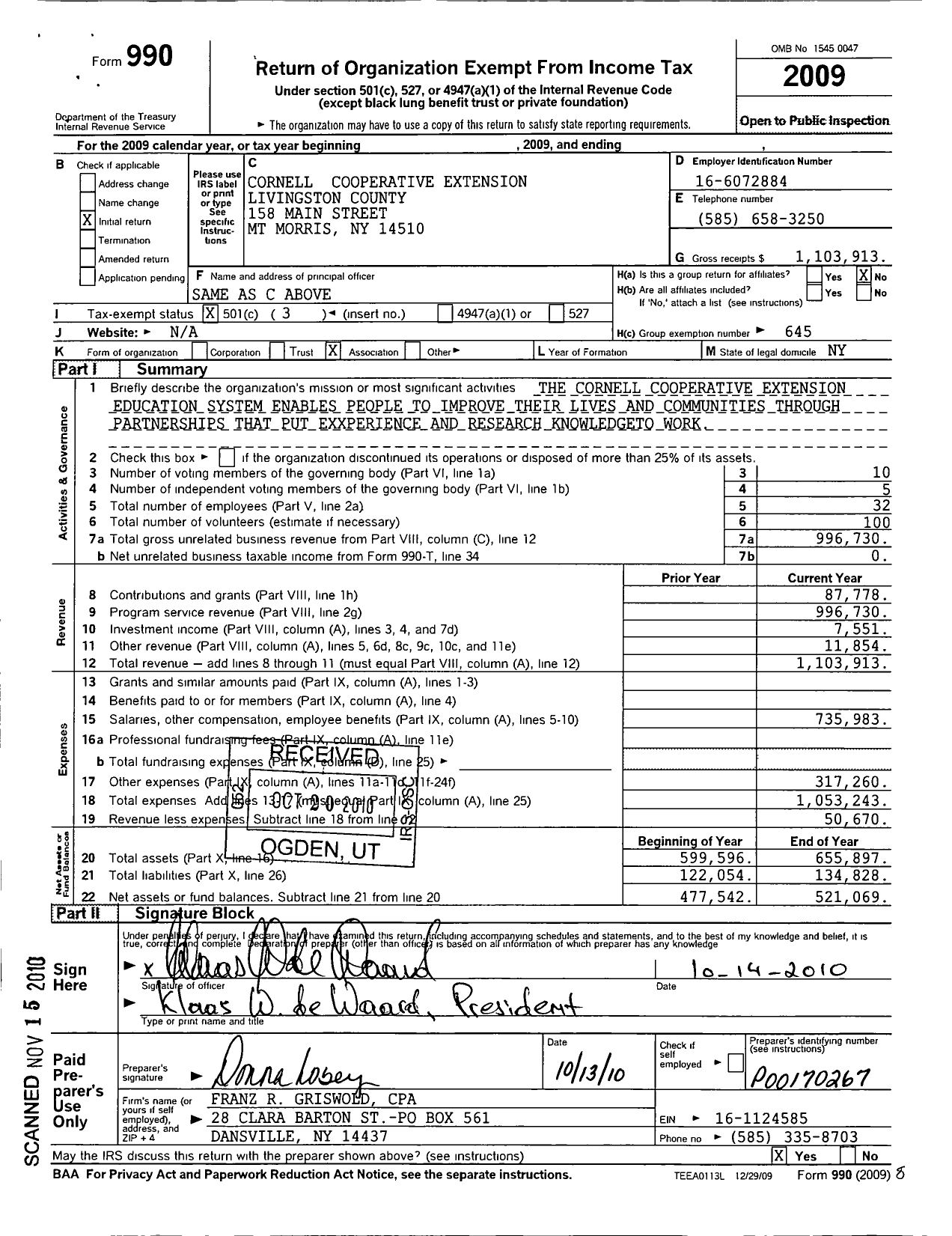 Image of first page of 2009 Form 990 for Cooperative Extension Association in the State of N Y / Livingston County