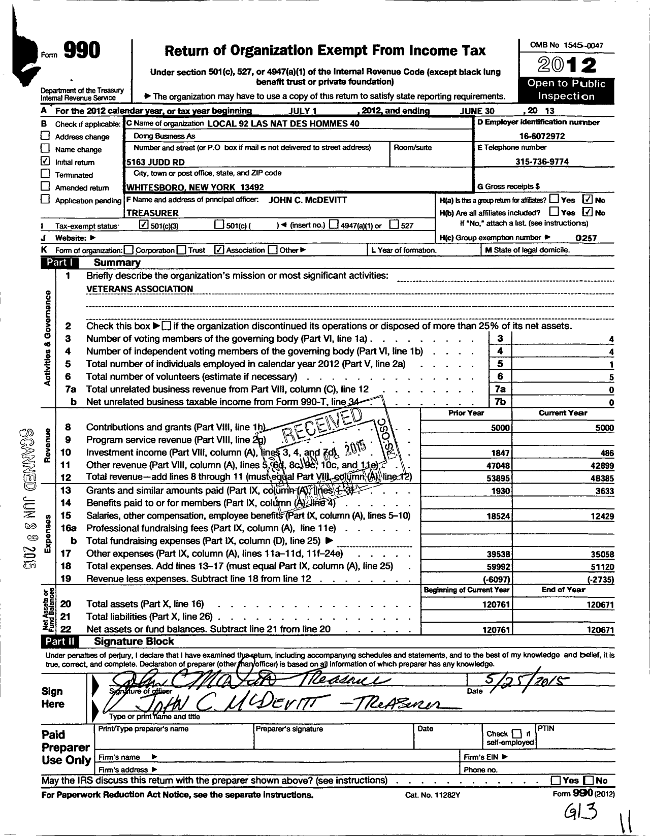 Image of first page of 2012 Form 990 for The Forty and Eight - 92 Voiture Locale