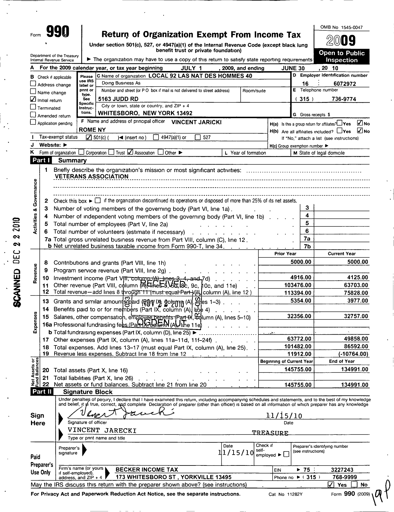 Image of first page of 2009 Form 990O for The Forty and Eight - 92 Voiture Locale