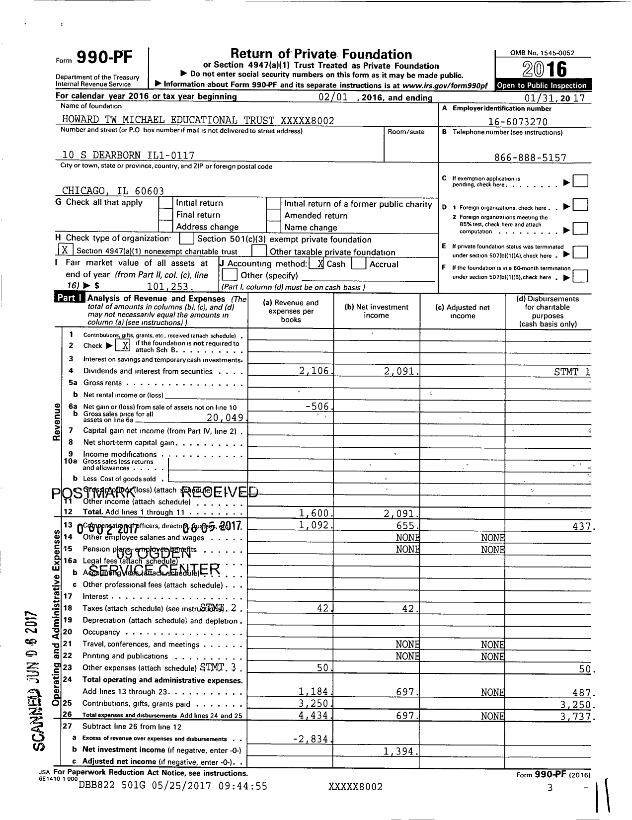 Image of first page of 2016 Form 990PF for Howard TW Michael Educational Trust XXXXX8002