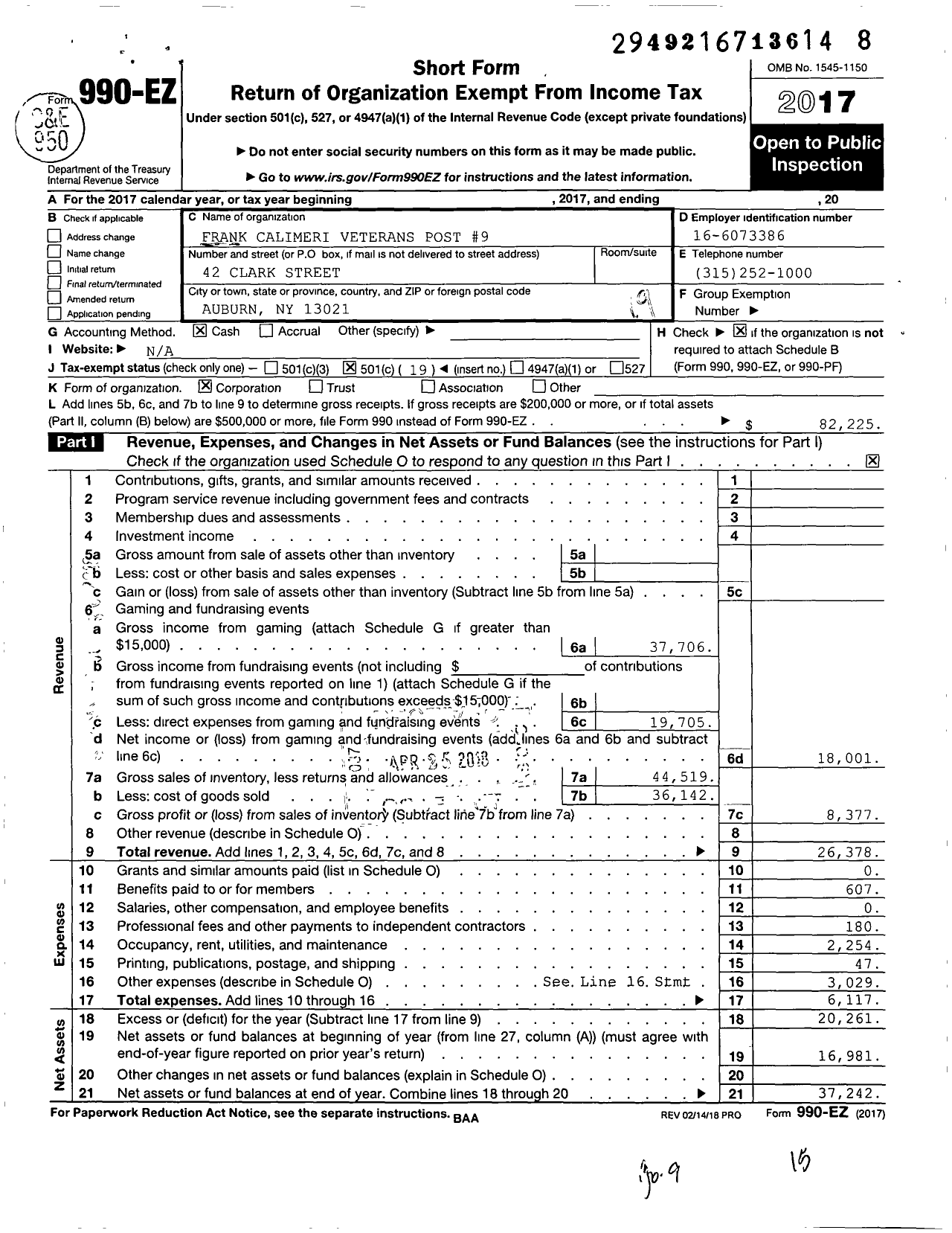 Image of first page of 2017 Form 990EO for Italian American War Veterans of the Us - 9 Frank Calimeri Veterans Post