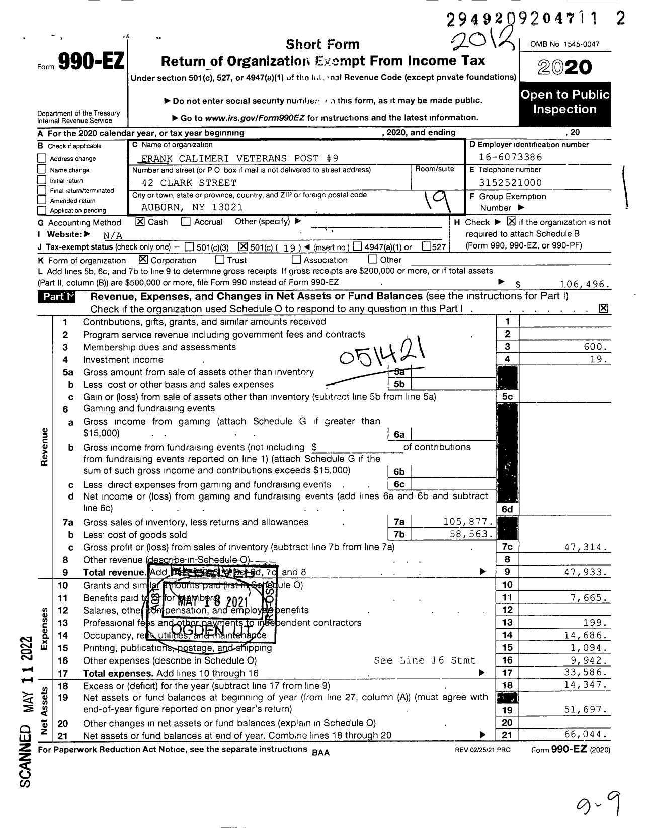 Image of first page of 2020 Form 990EO for Italian American War Veterans of the Us - 9 Frank Calimeri Veterans Post