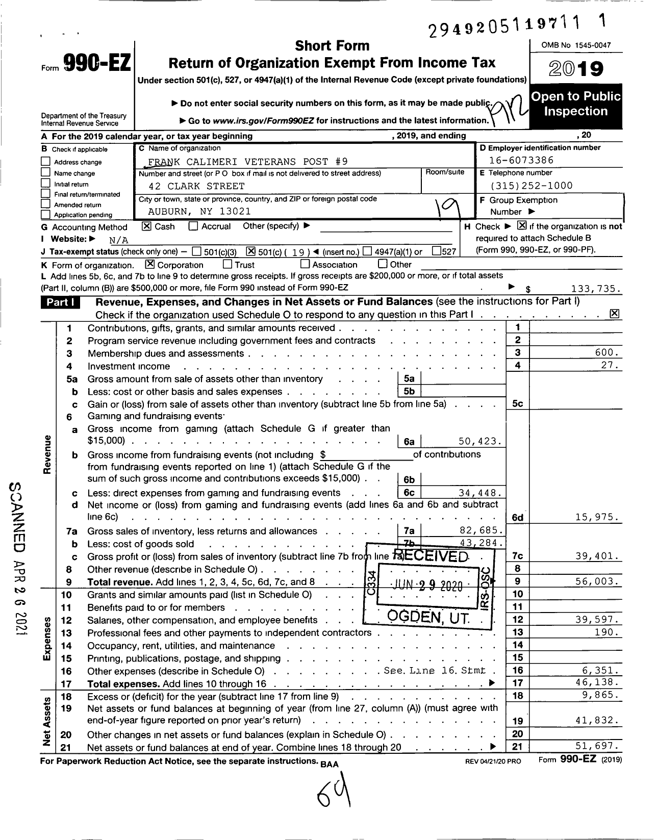 Image of first page of 2019 Form 990EO for Italian American War Veterans of the Us - 9 Frank Calimeri Veterans Post