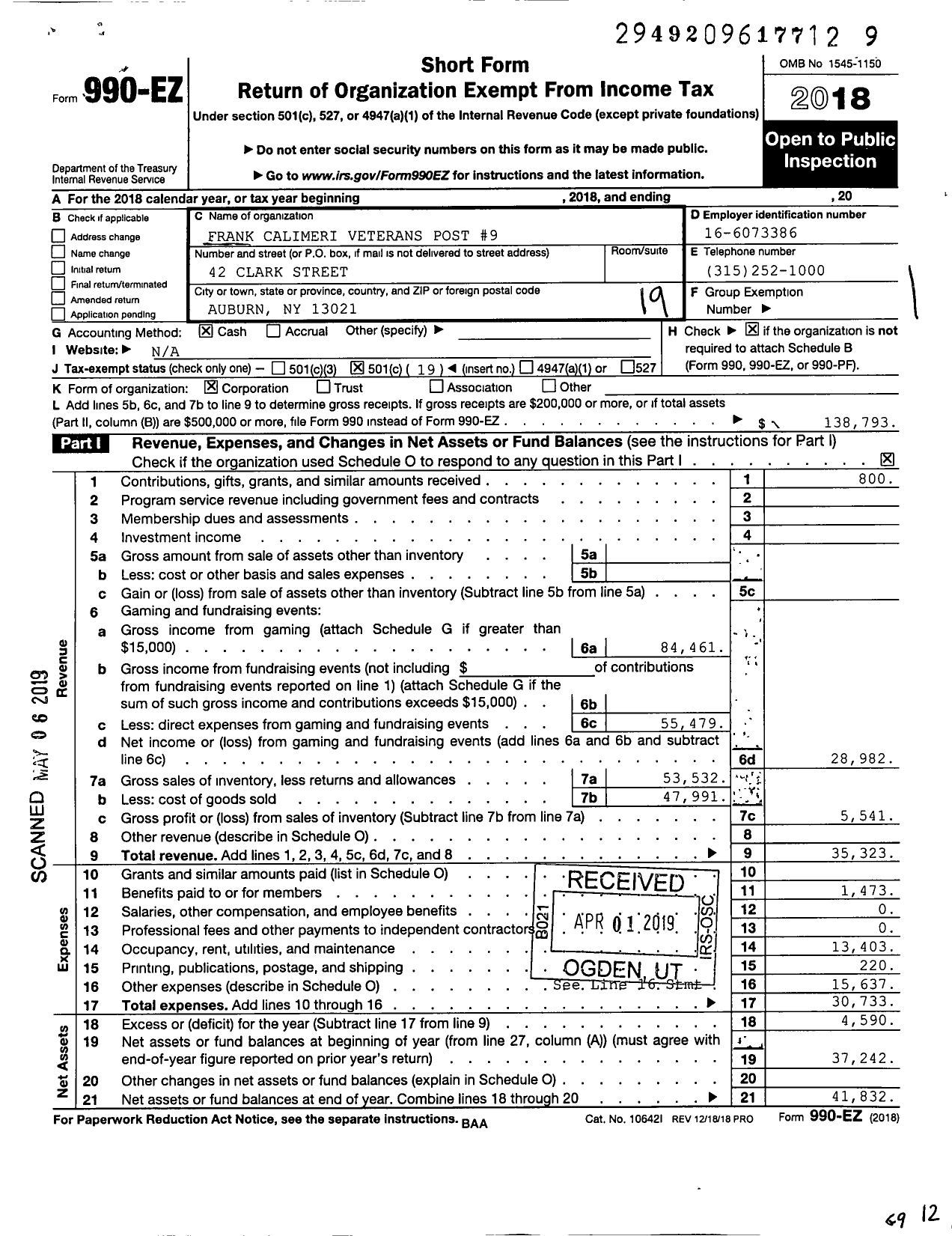 Image of first page of 2018 Form 990EO for Italian American War Veterans of the Us - 9 Frank Calimeri Veterans Post