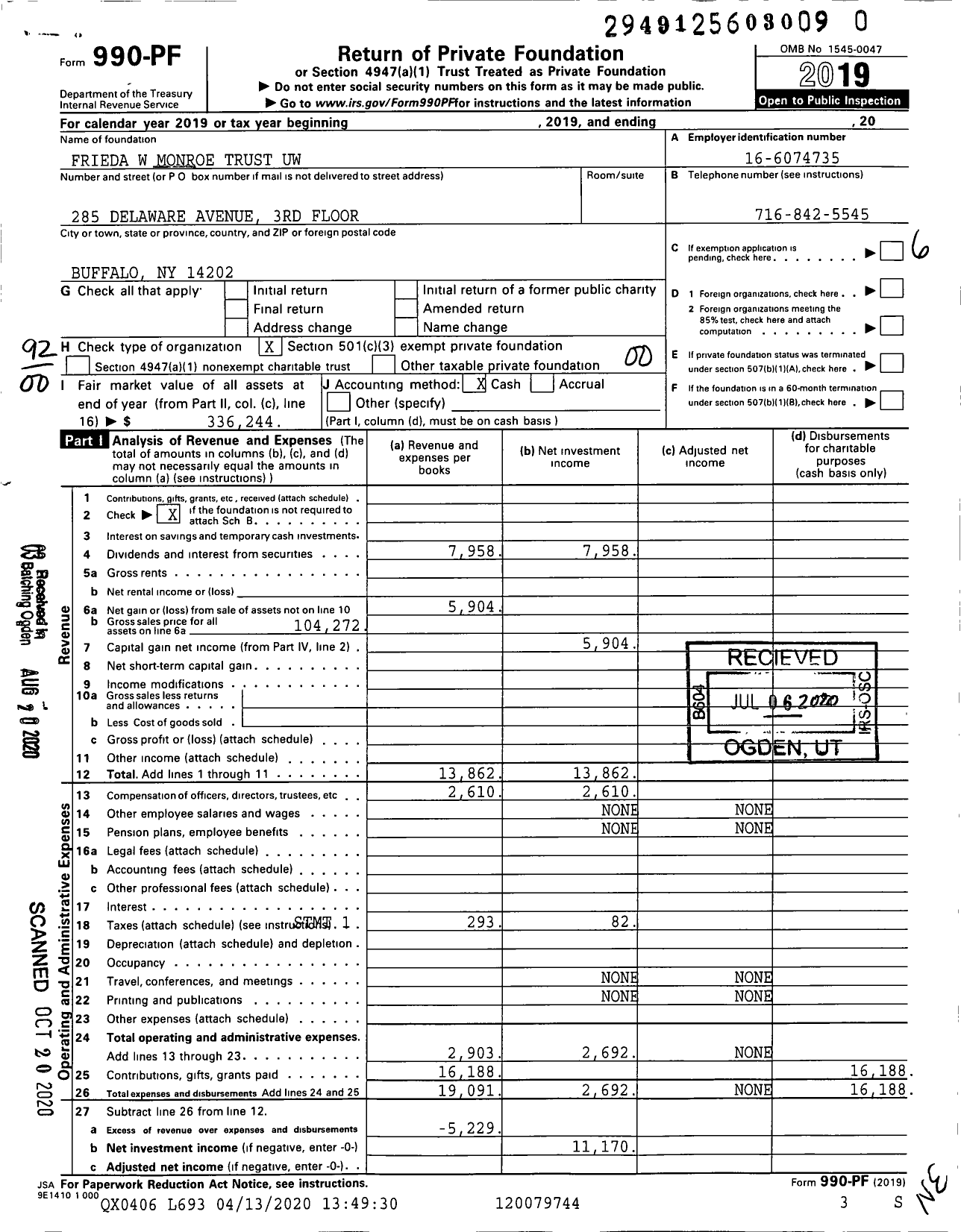 Image of first page of 2019 Form 990PR for Frieda W Monroe Trust Uw